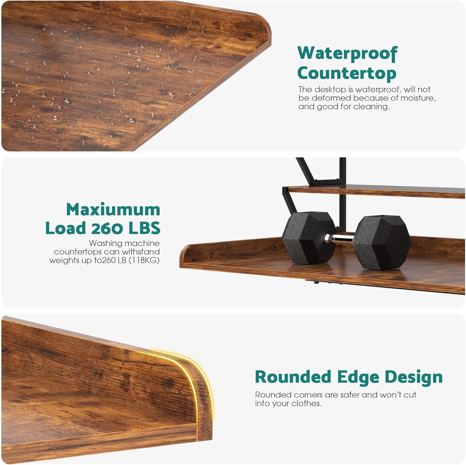 Set Washer Dryer Countertop with Hanging Rod, Laundry Countertop with Shelf for Laundry Room Organization, Washer Dryer Topper with Anti-Slip Pads and Raised Edges Brown