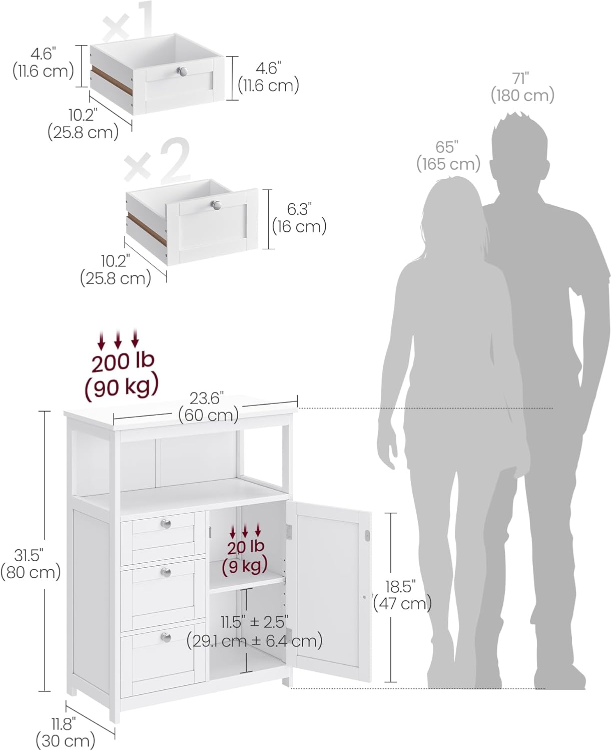 VASAGLE Floor Storage Cabinet, Freestanding Storage Unit with 3 Drawers, Adjustable Shelf, 11.8 x 23.6 x 31.5 Inches, for Living Room, Bathroom, Entryway, White UBBC542P31V1