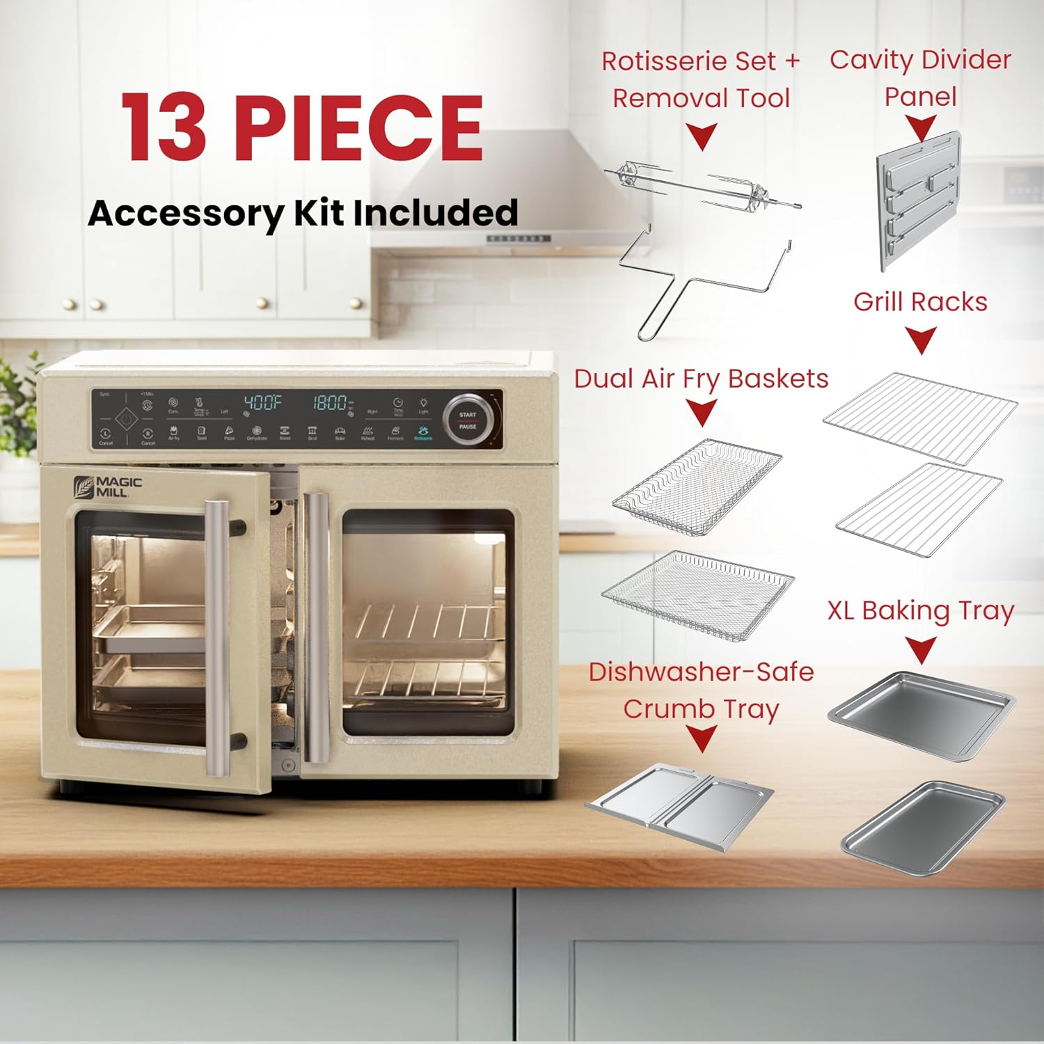 Magic Mill Ultra-Premium Dual-Zone Stainless Steel Air Fryer Toaster Oven Combo, Extra Large 32QT French Door Convection Oven with Next-Gen Patent Technology, 13 Accessories, Rotisserie, Sync Finish