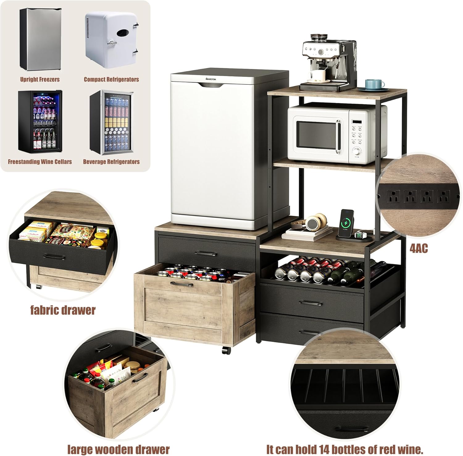 Mini Fridge Stand with Wine Rack, Kitchen Bakers Rack with Power Outlet, Microwave Oven Stand, Coffee Bar, Movable Drawers, for Dorm,Office, Grey HB04BXZ