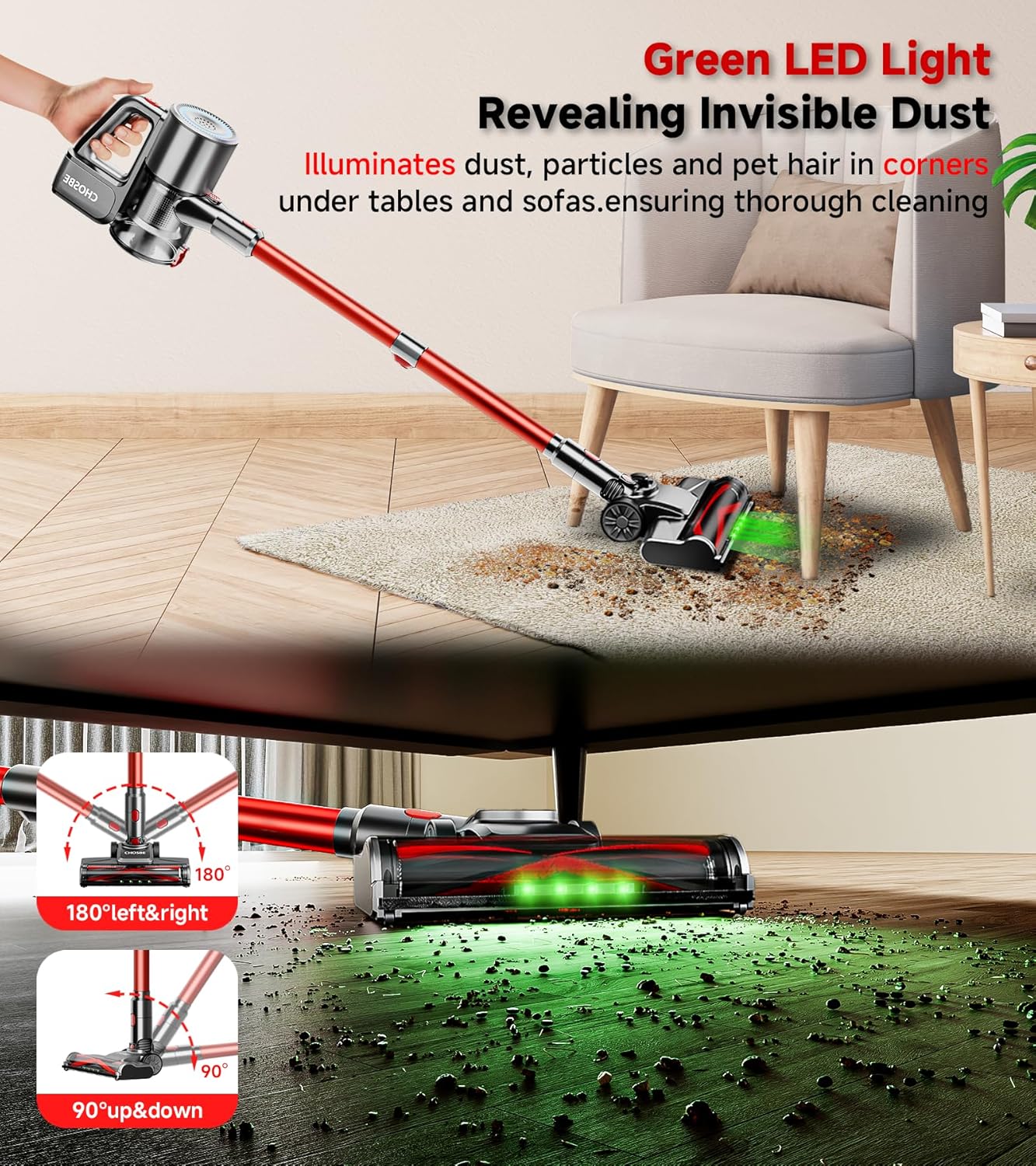 Cordless Vacuum Cleaner, 500W/40Kpa Stick Vacuum with 45Mins Runtime, Self-Standing Vacuum Cleaners for Home, Anti-Tangle, 1.5L Dust Cup, Rechargeable Vacuum for Hardwood Floor Carpet Pet Hair