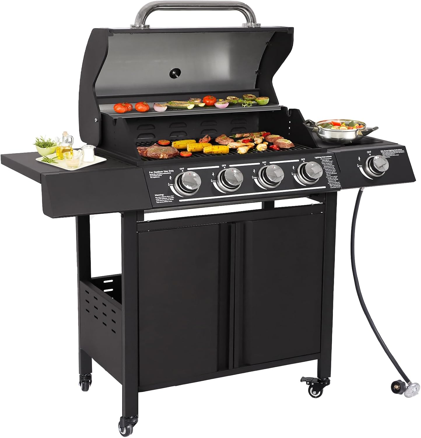 LEISU 4-Burners Propane Gas Grill with Side Burner and Cast Iron Grates, 50,0000 BTU Output Grill for Kitchen, Outdoor Cooking Barbecue, Patio, Backyard