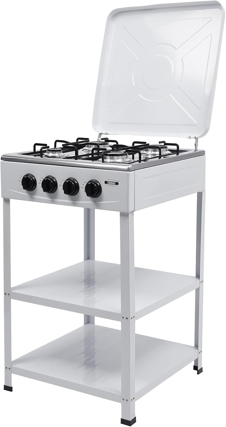 4 Burner Natural Gas Stove Heavy-duty Camping Stove Outdoor Portable Gas Stove with 2-Tier Storage Rack Manual Ignition Camping Stove for Home Entertainment (White)