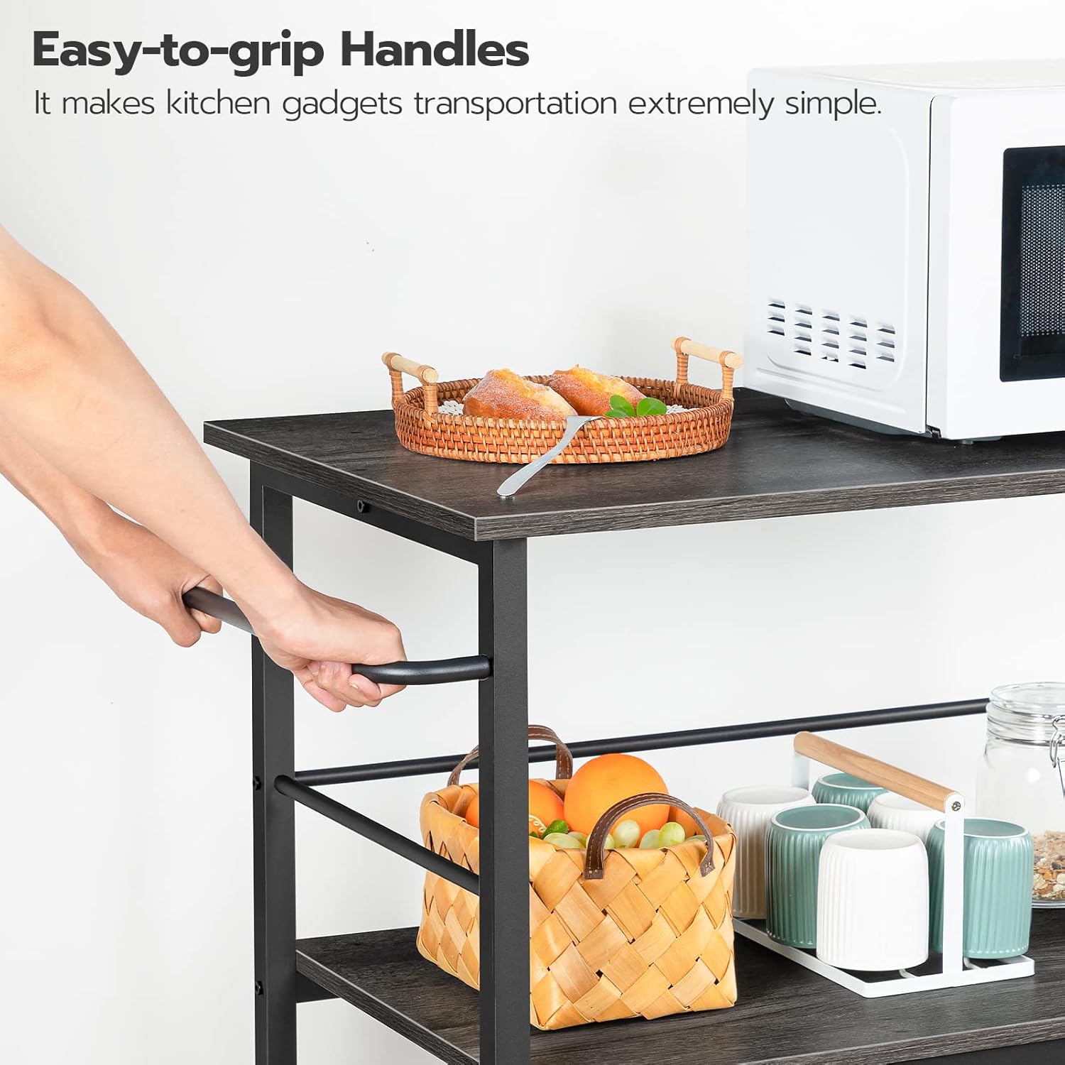 HOOBRO Kitchen Island with Storage,Industrial Kitchen Island on Wheels and Side Enclosures, 3 Tier Kitchen Cart with Large Workstation, Stable, Easy Assembly, Charcoal Gray and Black BC03ZD01