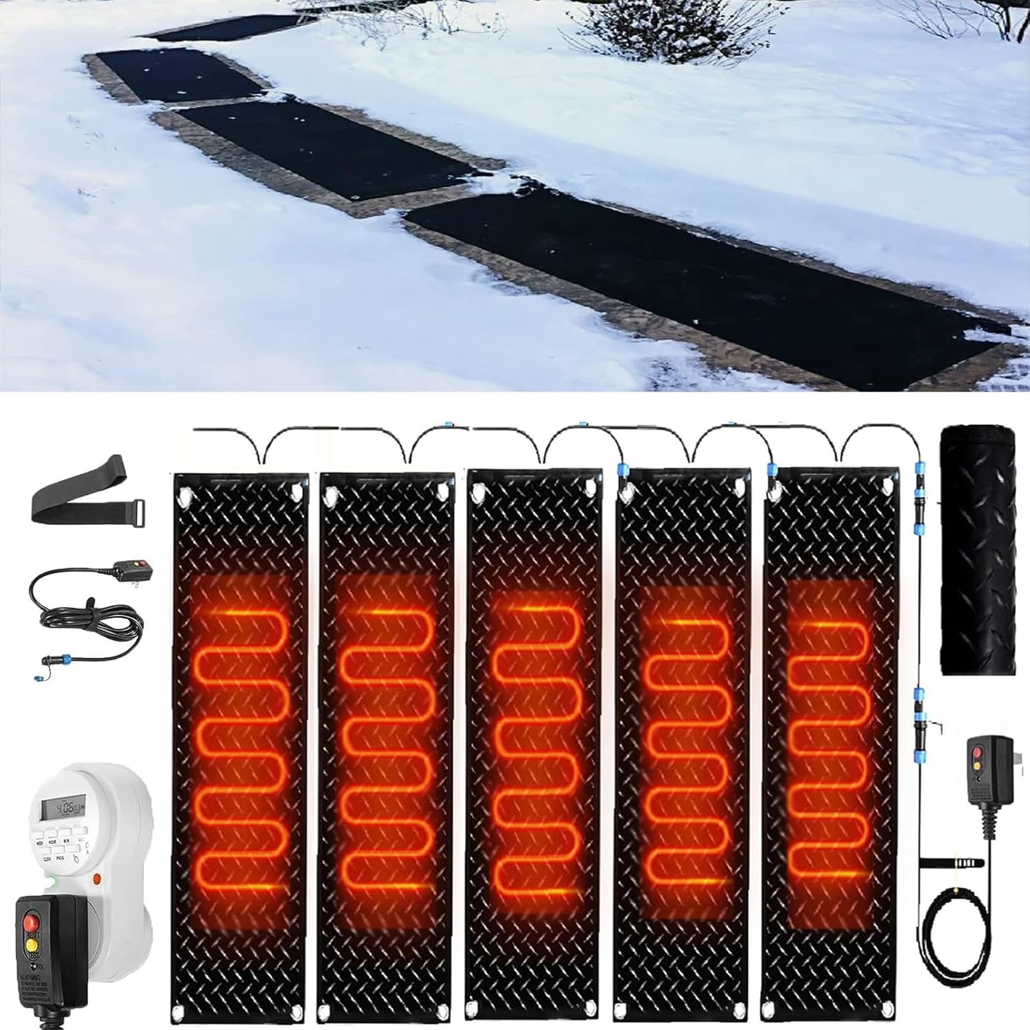 Heated Snow Melting Mats with Timer, 1/2/3/4/5 Pcs Non Slip Rubber Heated Mat with Power Cord for Entrances Heat Track Snow Melting Mats Outdoor Stairs Non-Slip Winter Removal and Ice Melt(5 P