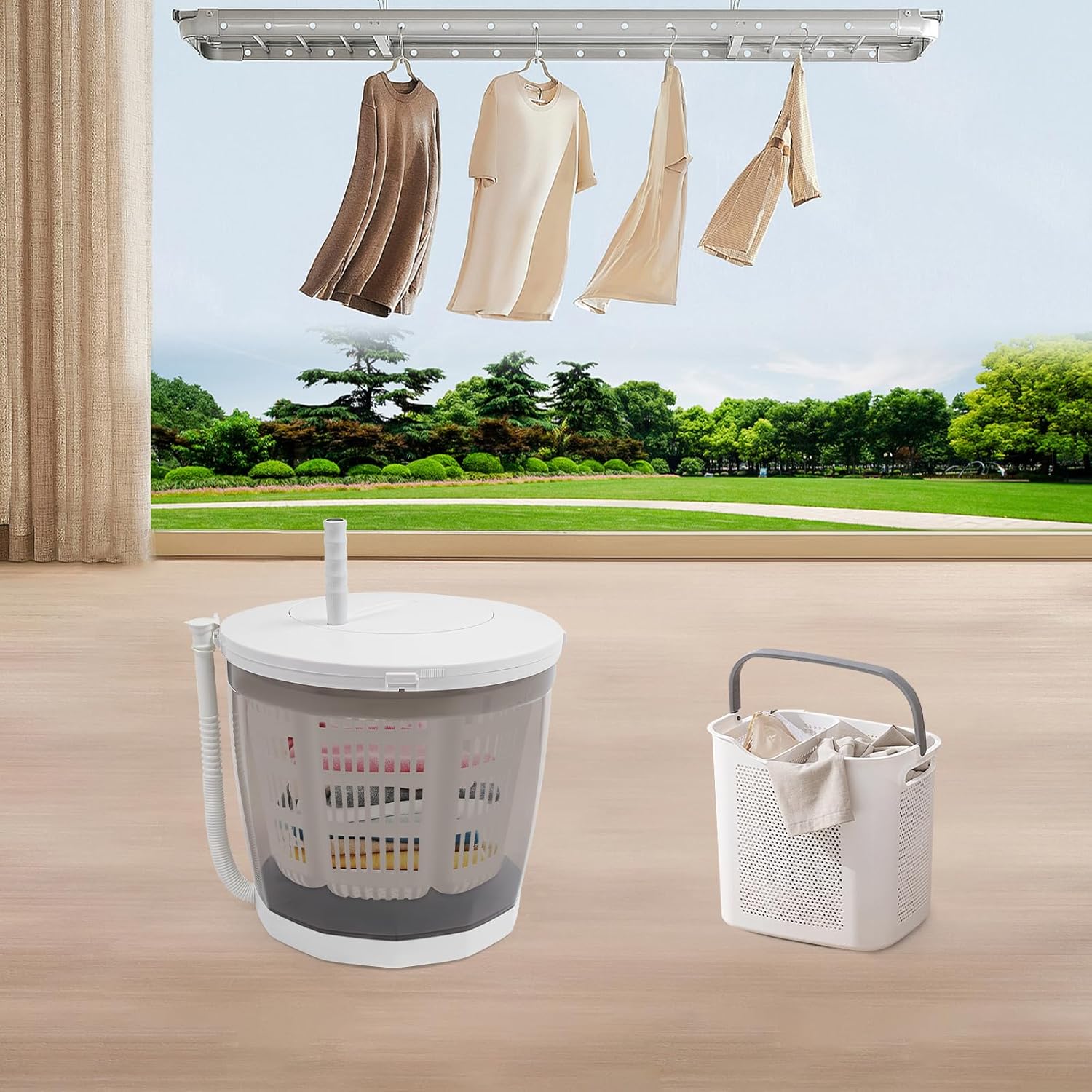 2 in 1 Non-Electric Washing Machine, Portable Hand Cranked Manual Clothes Non-Electric Washing Machine for Rvs, Camping, Apartments, And Dorms, Grey