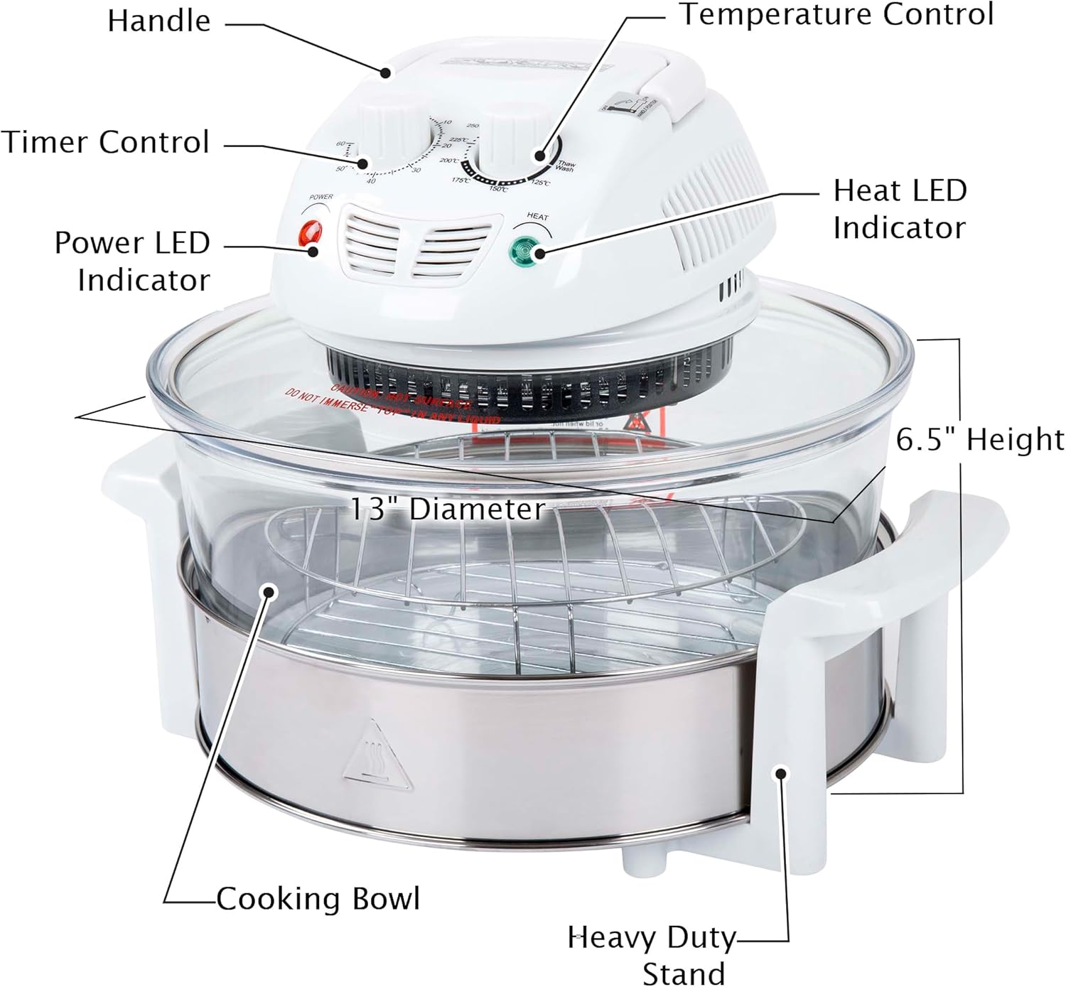 Air Fryer - Halogen Oven with 12 to 17 Quart Capacity, Accessories, and Time and Temperature Controls - Glass Air Fryer, Roaster, Broiler, Toaster, Steamer, and Grill by Classic Cuisine (White)
