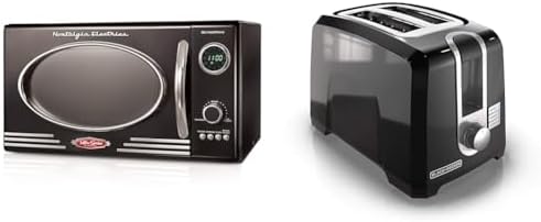 Nostalgia Retro Countertop Microwave Oven - Large 800-Watt - 0.9 cu ft & BLACK+DECKER 2-Slice Toaster, T2569B, Extra Wide Slots, 6 Shade Settings, 850 Watts, Crub Tray