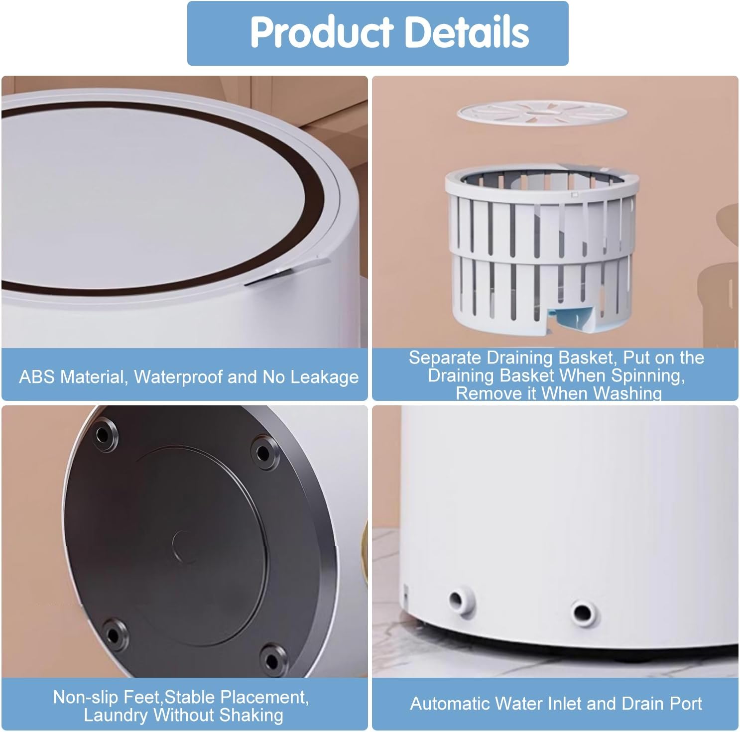 6L Portable Washing Machine, 24W,1KG Capacity,Automatic Small Washer Mini Laundry Machine for Washing Underwear, Baby Clothes, Socks, Small Items（26.6×26.6×28cm/10.47×10.47×11.02in）