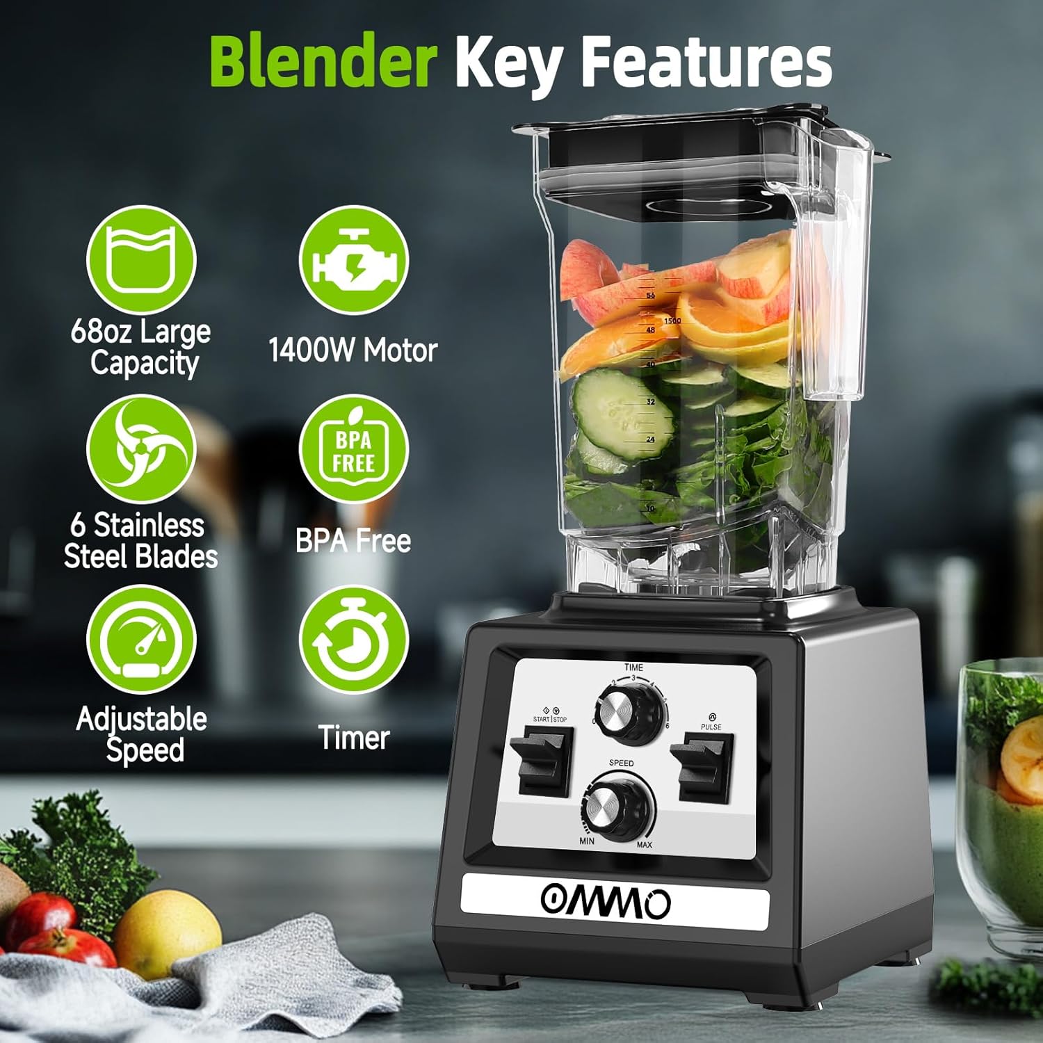 OMMO Blender for Smoothies: 1800W Peak Blenders for Kitchen, 68oz BPA-Free Pitcher, Timer & Speed Control, 6 Stainless Steel Blades, Dishwasher Safe Blender for Ice Crush/Smoothies/Frozen Drinks/Black