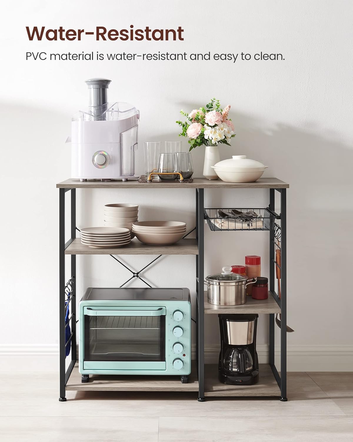 VASAGLE ALINRU Kitchen Baker’s Rack, Coffee Bar, Microwave Oven Stand, with Steel Frame, Wire Basket, 6 Hooks, for Mini Oven, Spices Utensils, Industrial, Heather Greige and Ink Black UKKS090B02