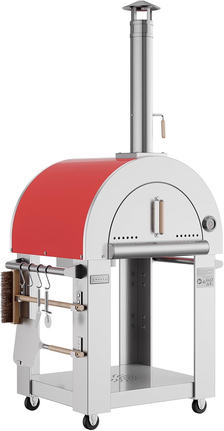 Empava Wood Fired Pizza Oven Outdoor with Open Shelf and Wheels, Artisan Grill for Backyard, Patio, Camping, in Stainless Steel, 38.6 Inch, Silver+Italian Red