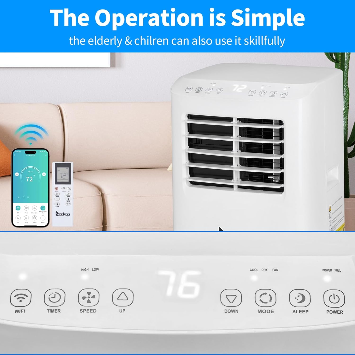 Winado Portable Air Conditioners 8000 BTU for Room Up to 200 Sq.Ft, 3-in-1 WiFi Portable AC Units with Remote Control/24Hrs Timer/Smart Memory, Air Cooler for Garage/Office/Bedroom