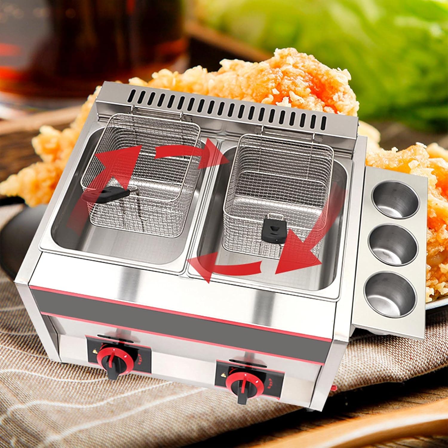 Deep Fryer with Freestanding Temperature Control, Commercial Gas Fryer, 22L Large Capacity Dual Fryer, with Baskets and Lid, Stainless Steel Countertop Deep Fat（Gas）