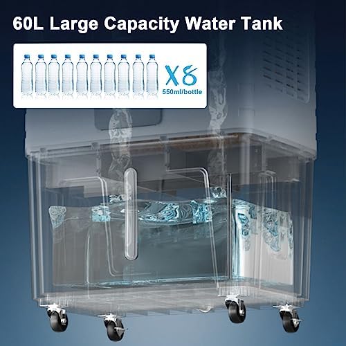 Swamp Cooler Air Conditioner, Evaporative Air Cooler, Portable Cooling Fan 16 Gal Water Tank, 3 Speeds, 4 Ice Boxes, 120°oscillation for Room Garage Patio(60x41x116cm/23.6x16x45.6in)