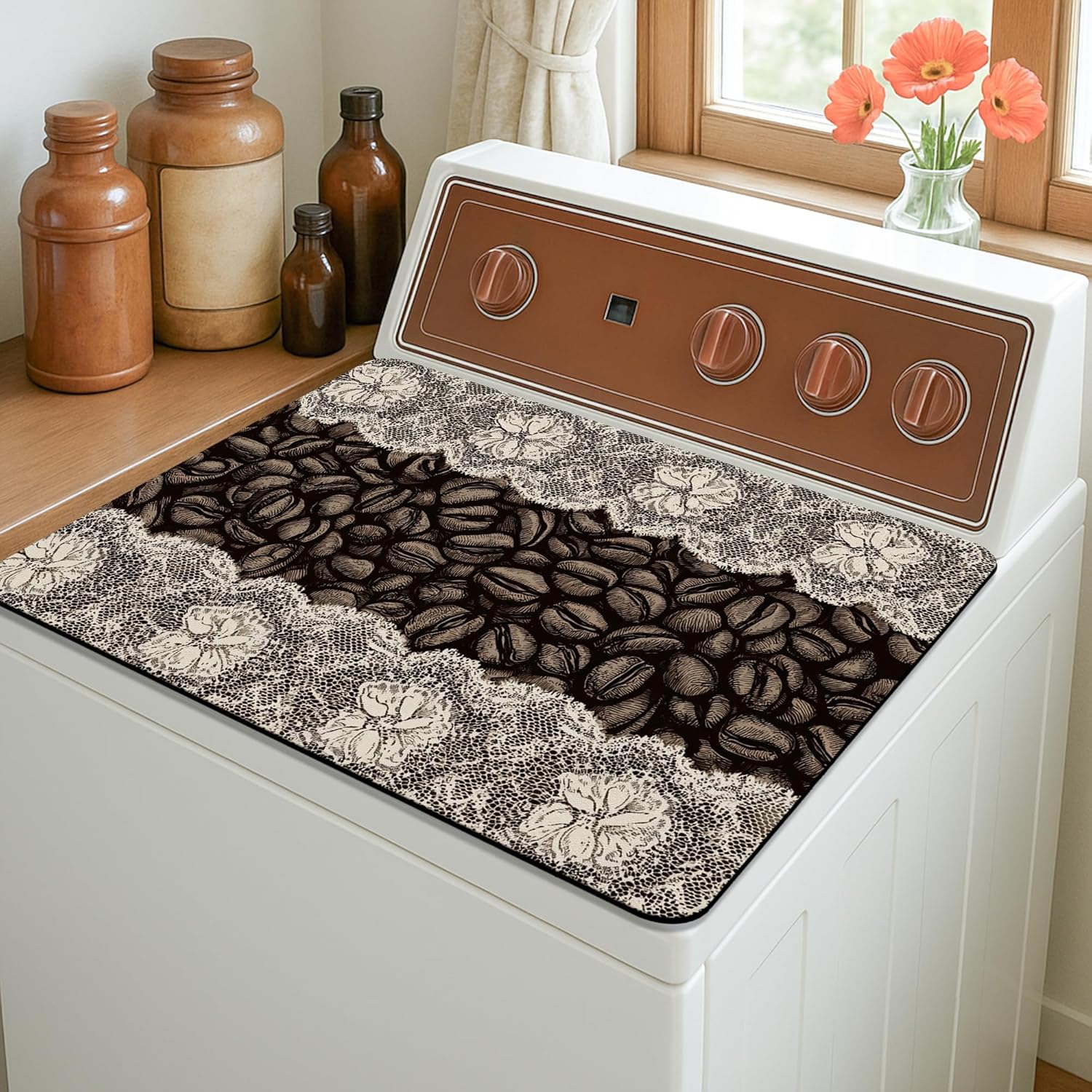 Coffee Beans Washer Dryer Top Protector Mat, Vintage Brown Floral Laundry Machine Dust Covers, Rustic Rubber Anti-slip Waterproof Washer And Dryer Mats for Home 20x24 Inch