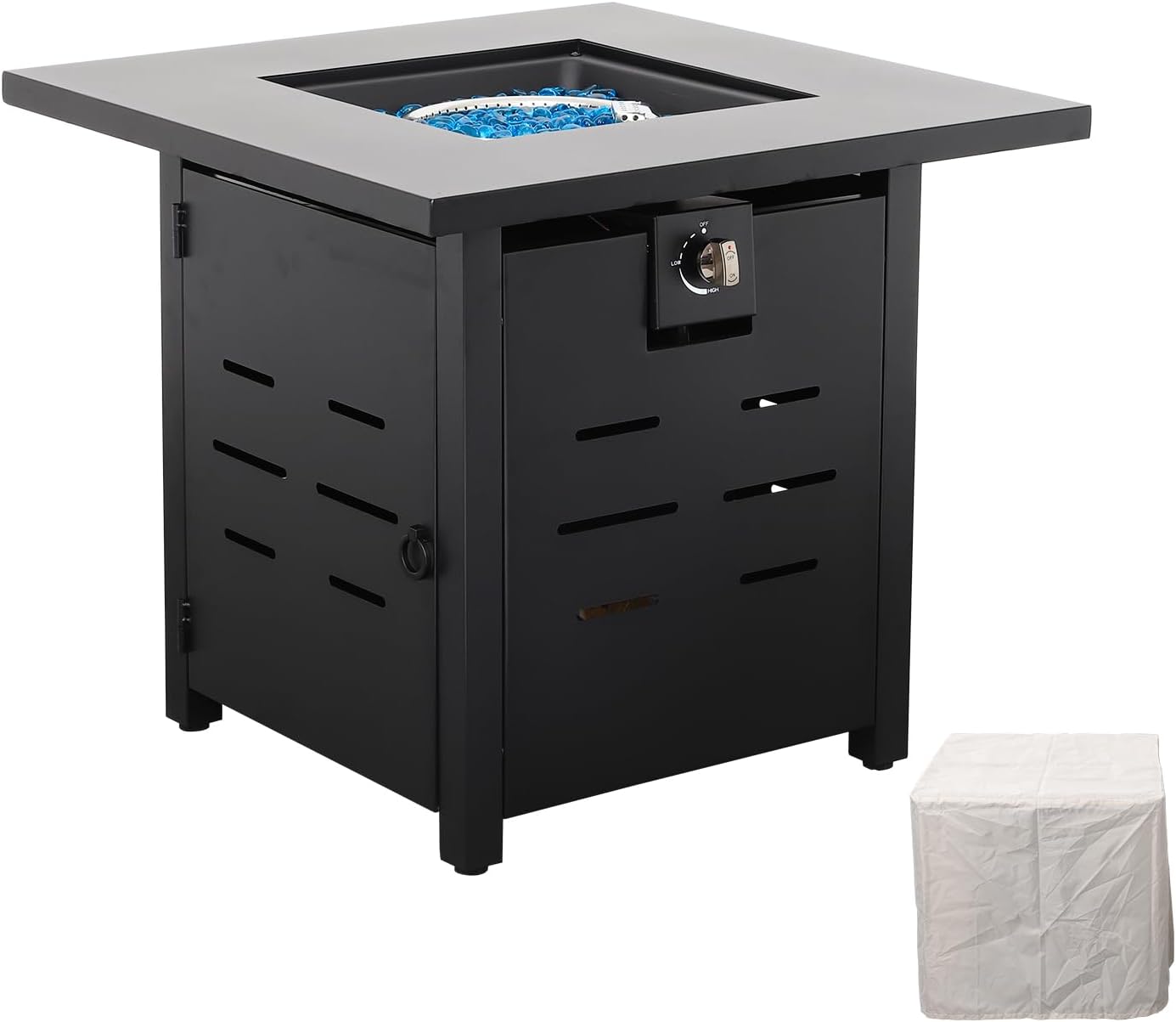 Propane Fire Pit 28 Inch Outdoor Fire Pit 50000 BTU Square Gas Fire Table with Steel Lid Blue Crystal Beads and Waterproof Cover for Outside Patio and Garden