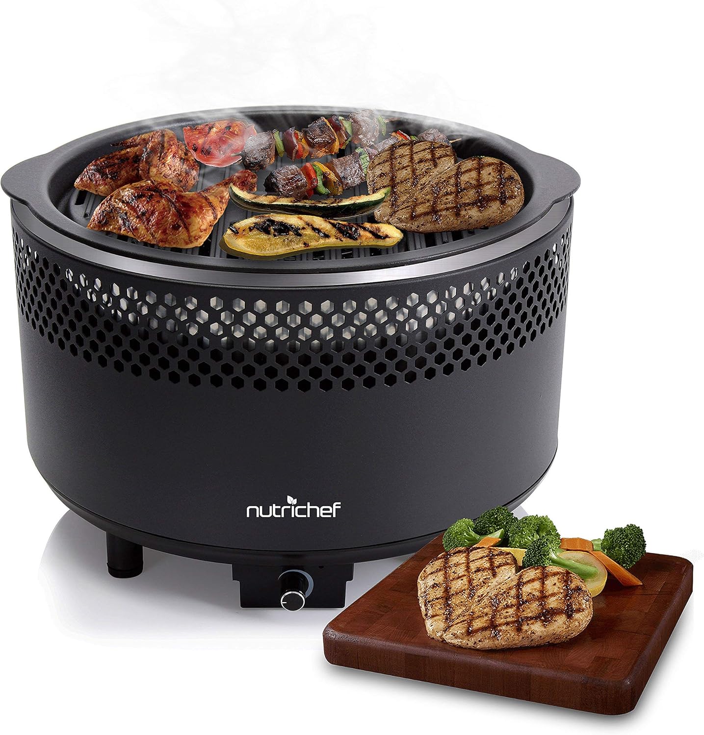 NutriChef Upgraded Charcoal BBQ Grill - Smokeless Portable Outdoor Stainless Steel Compact Easy Cleaning Heavy Duty - Battery Powered W/ Grilling Rack Coal Basket Ignition Tray & Box Set - PKGRCH41