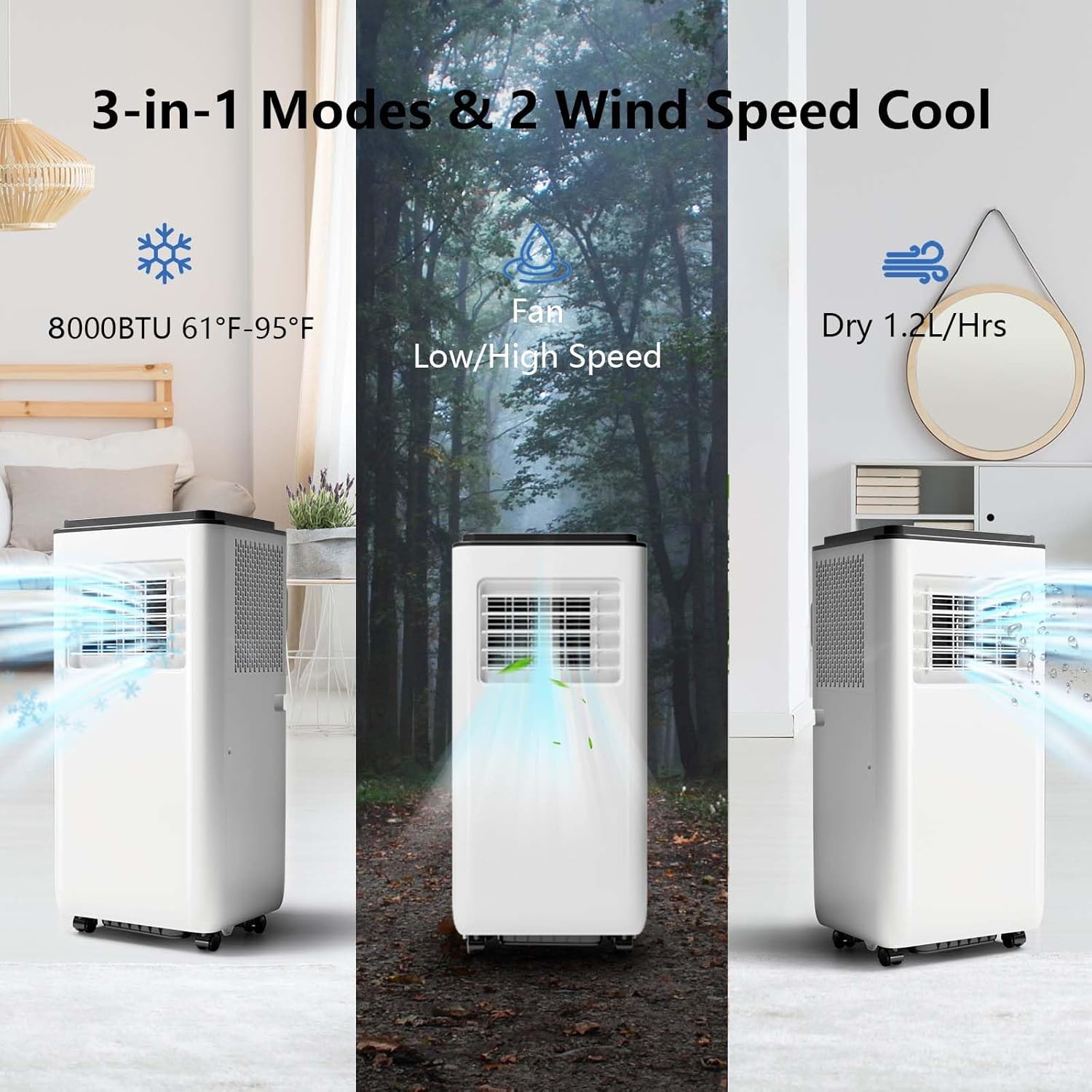 8000Btu Portable Air Conditioner with Remote Control, Powerful Cooling Up to 350 sq ft,Quiet AC Unit with Cool, Dehumidifier & Fan Mode,24 Hour Timer, Window Installation Kit for Home, Office