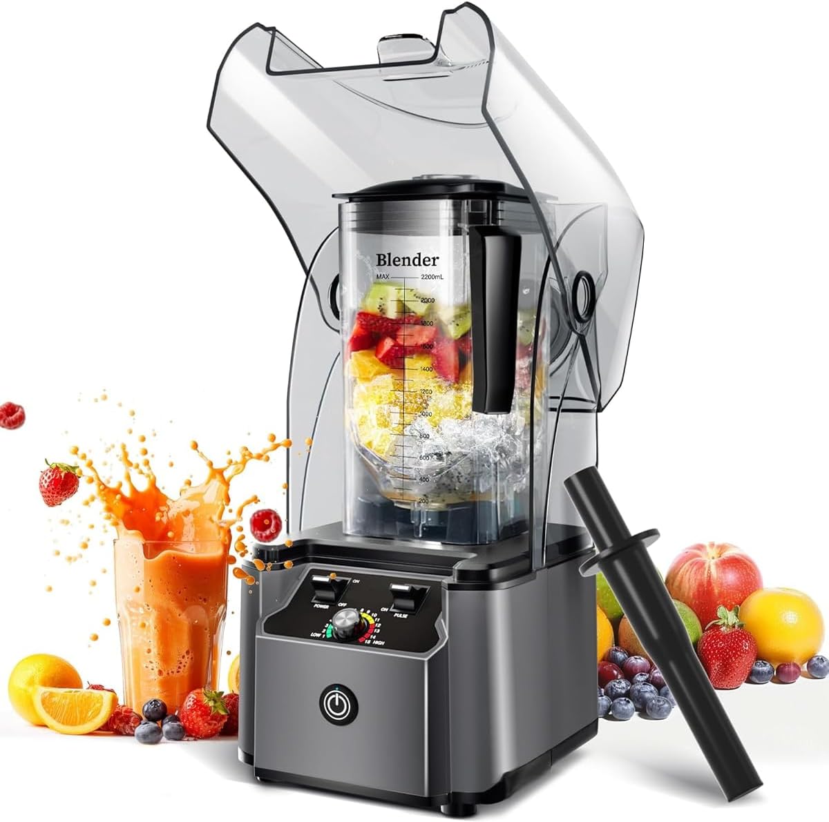 Professional Commercial Blender With Shield Quiet Sound Enclosure 2200W Industries Strong and Quiet Professional-Grade Power, Self-Cleaning,Grey