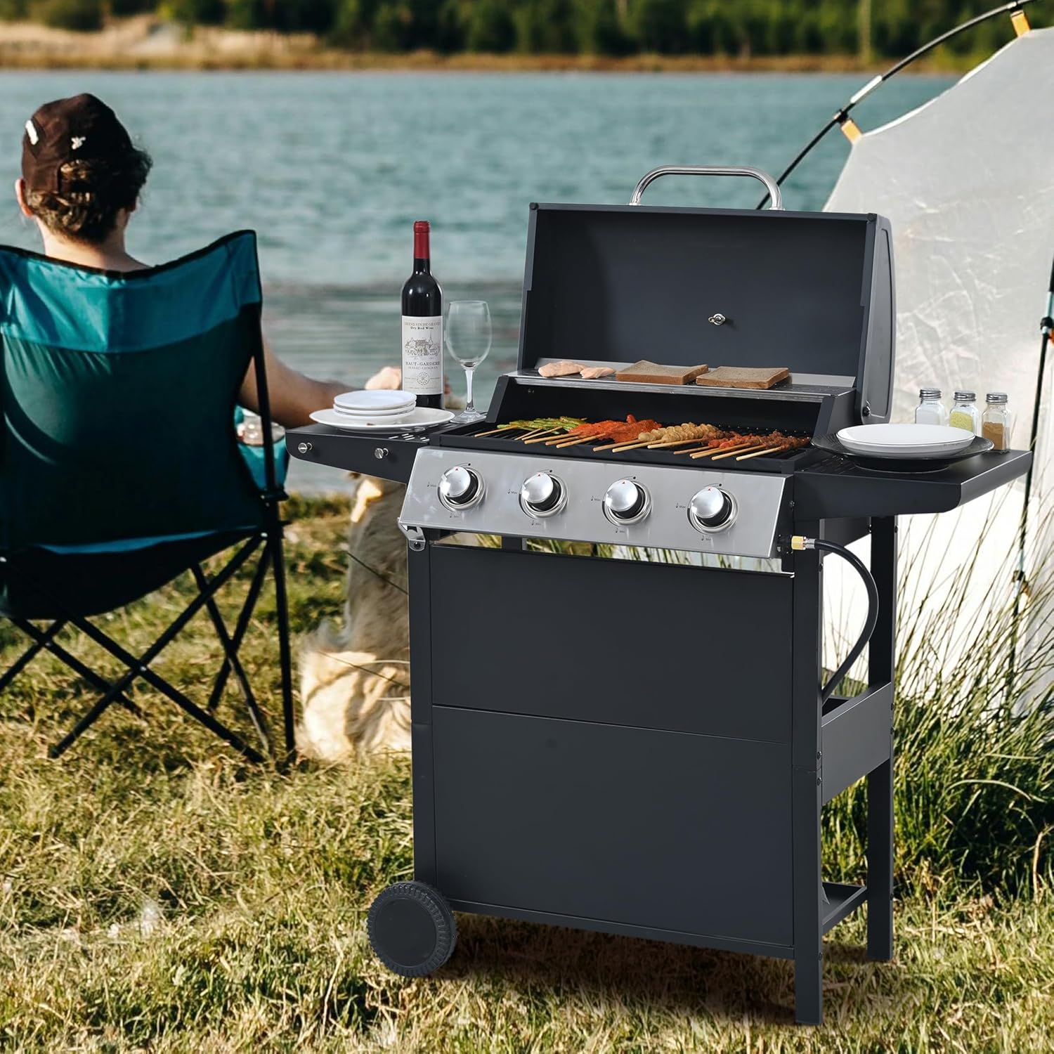 4 Burner Propane Gas Grills with Two Side Table, Stainless Steel BBQ Grill with Porcelain-Enameled Iron Grates, Bottle Opener & Hooks, 26,000 BTU Barbecue Grill on Wheels for Outdoor Cooking