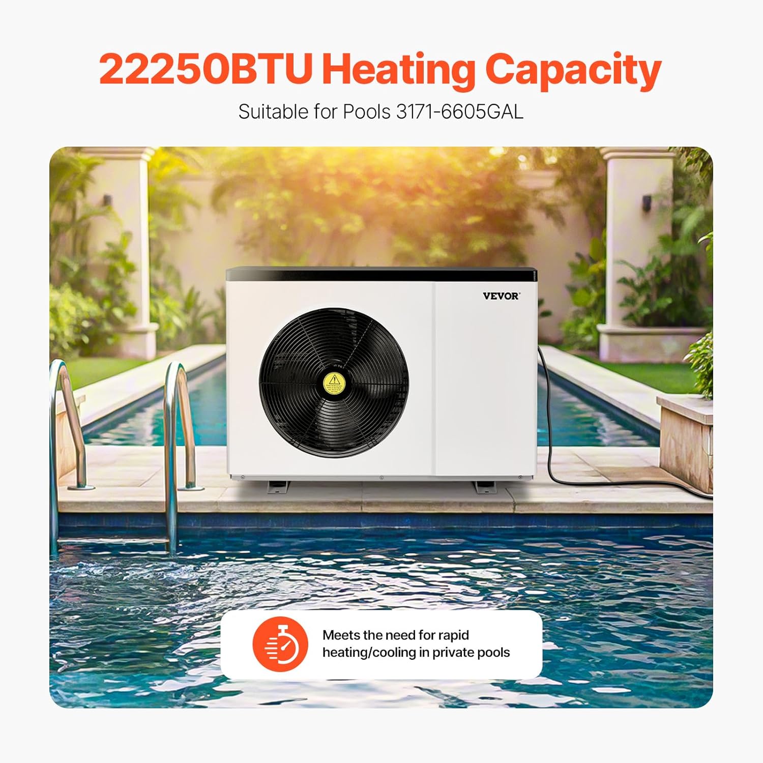 VEVOR Electric Pool Heat Pump, 22250 BTU, Pool Heaters for 3171-6605GAL Above and In Ground Pools, Low Noise, Heating and Cooling Highly Efficient & Energy-Saving Pool Water Heater AC120V 60Hz