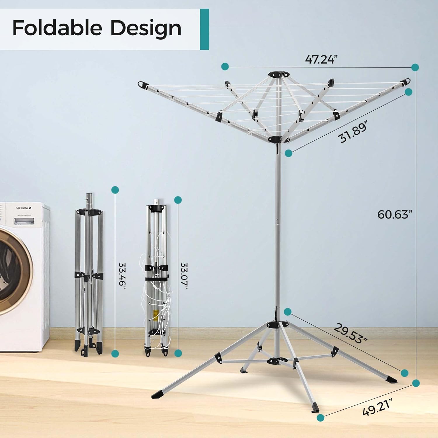 JS HANGER Indoor and Outdoor Portable Clothes Drying Rack with 4 Rotatable Arms for Hangers, 4 Legs, Collapsible Umbrella Laundry Air Dryer with 65 ft. of Hanging Space - Silver