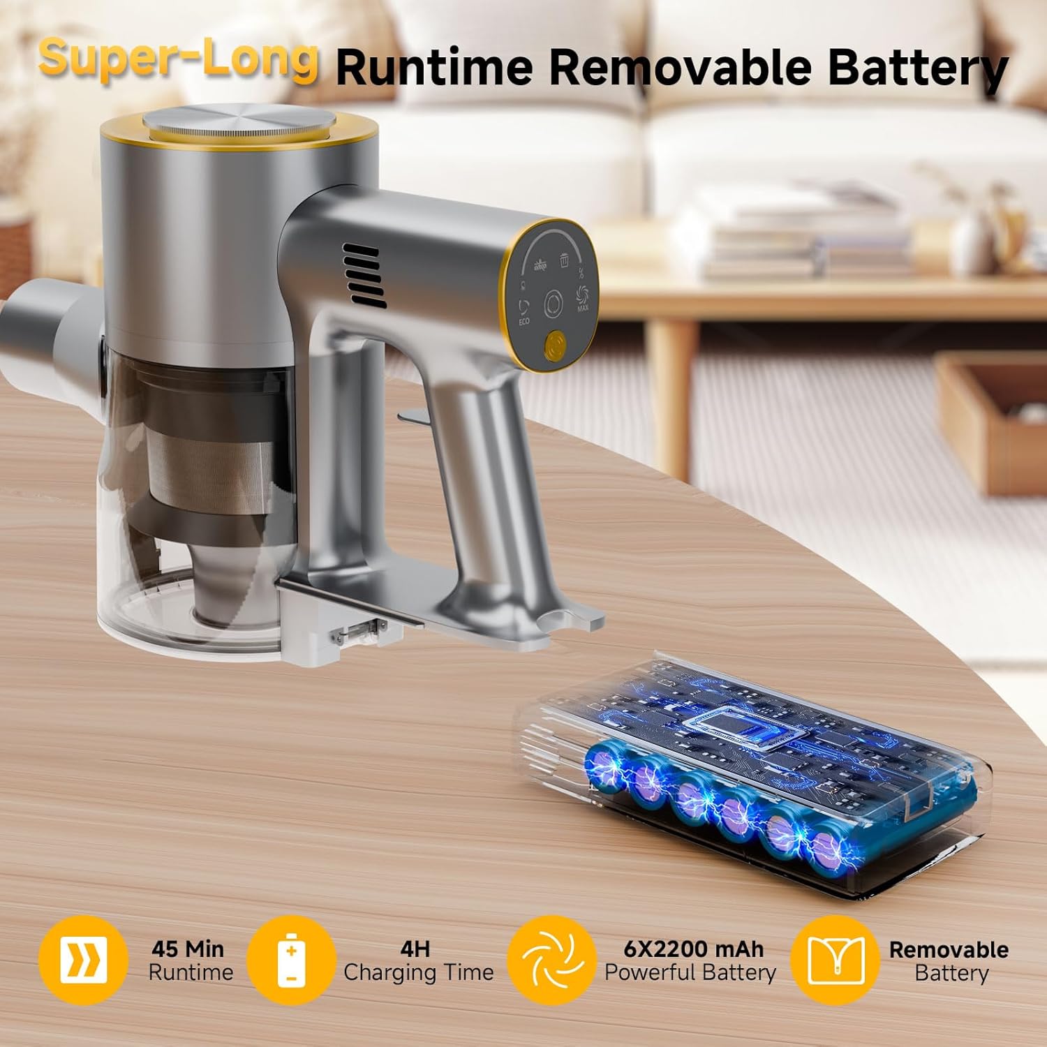 Cordless Stick Vacuum Cleaner - 45KPA Powerful Suction Vacuum with 45 Min Runtime, Detachable Battery, Anti-Tangle & 1.5L Dust Cup, 8 in 1 Vacuum Cleaner for Pet Hair, Carpet, HardFloor, Yellow