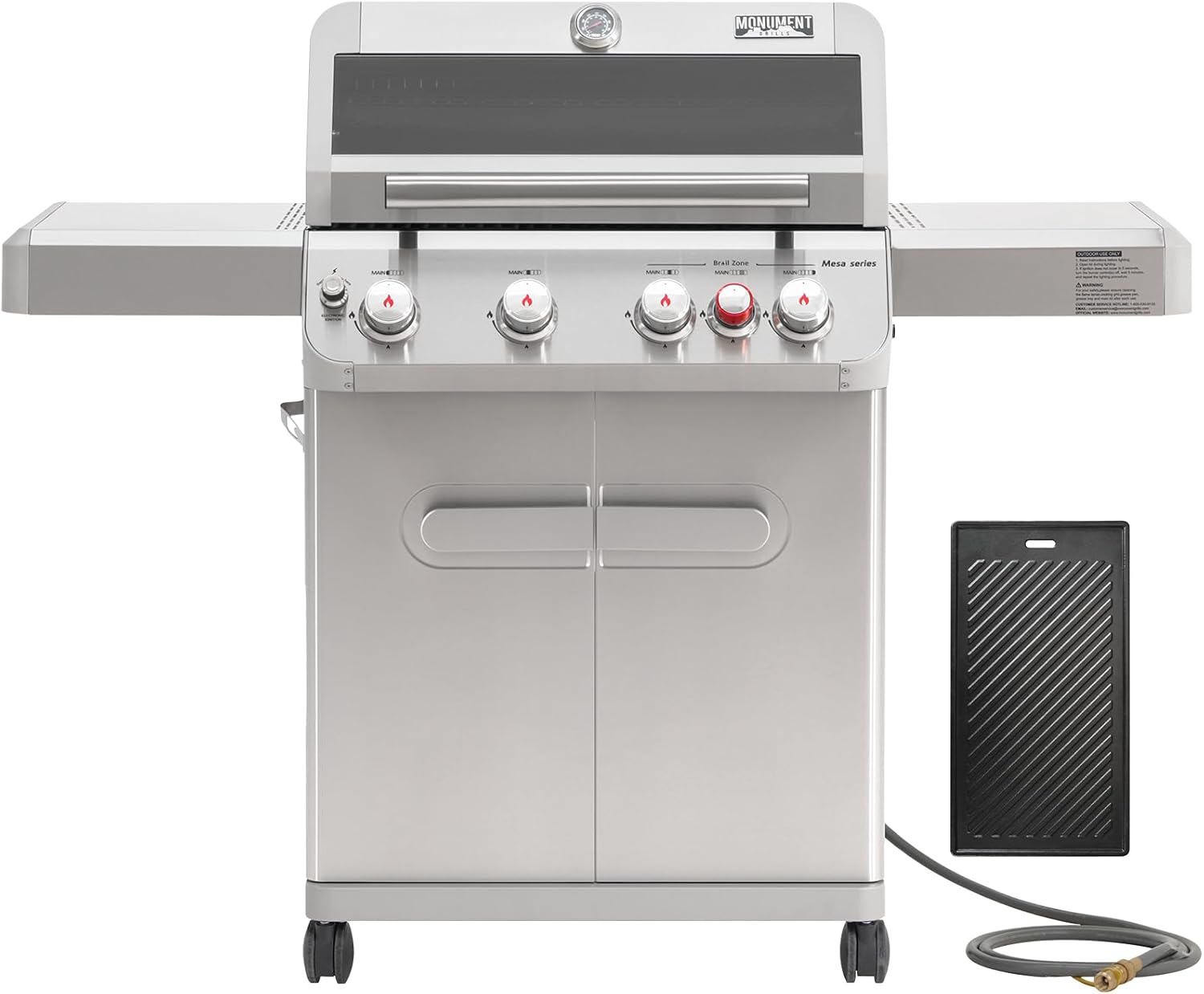 Monument Grills 4+1 Burner Natural Gas Grill with Hose, 50,000 BTU Stainless Steel Outdoor Patio Barbecue Grill with Cooking Plate, Fast Heating, Knob Control, M415BZNG