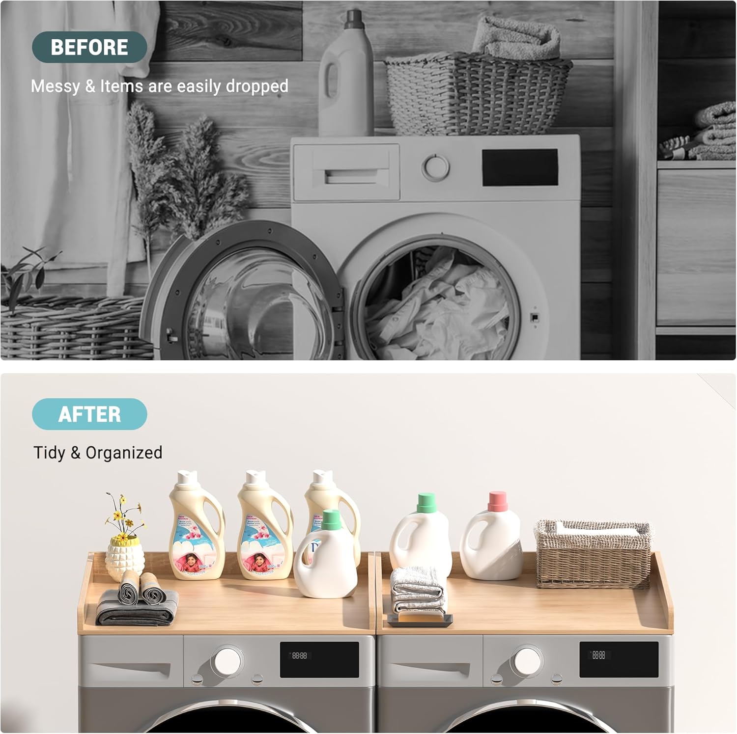 WOLKI Washer Dryer Countertop,Wooden Laundry Countertop Over Washer And Dryer Set Of 2 With Storage Shelf Laundry Room Organization（27.5