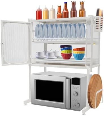 Tabletop Kitchen Storage Rack, 3-Tier Vertical Microwave Oven Rack with Cabinet, 22.4x14.5x29.9in Space-Saving Kitchen Counter Shelf, Extractable Draining Trays, Visualized Doors, Wide Baffle (White)