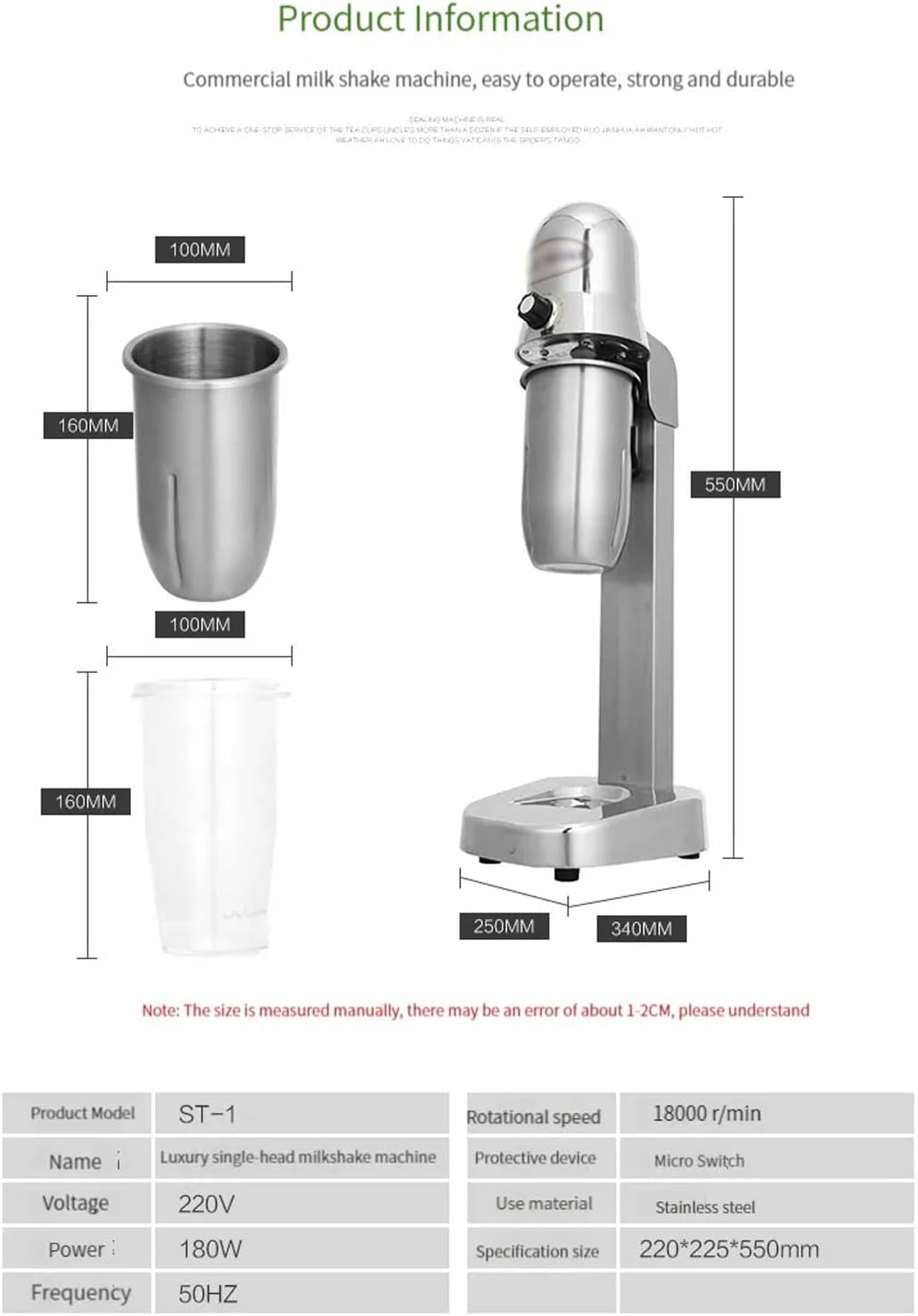 180W Milkshake Maker, 18000RPM Electric Juice Blender with Cup, Heavy-Duty Stainless Steel Drink Mixer Smoothie Machine for Milk Tea Shop, Home, Commercial