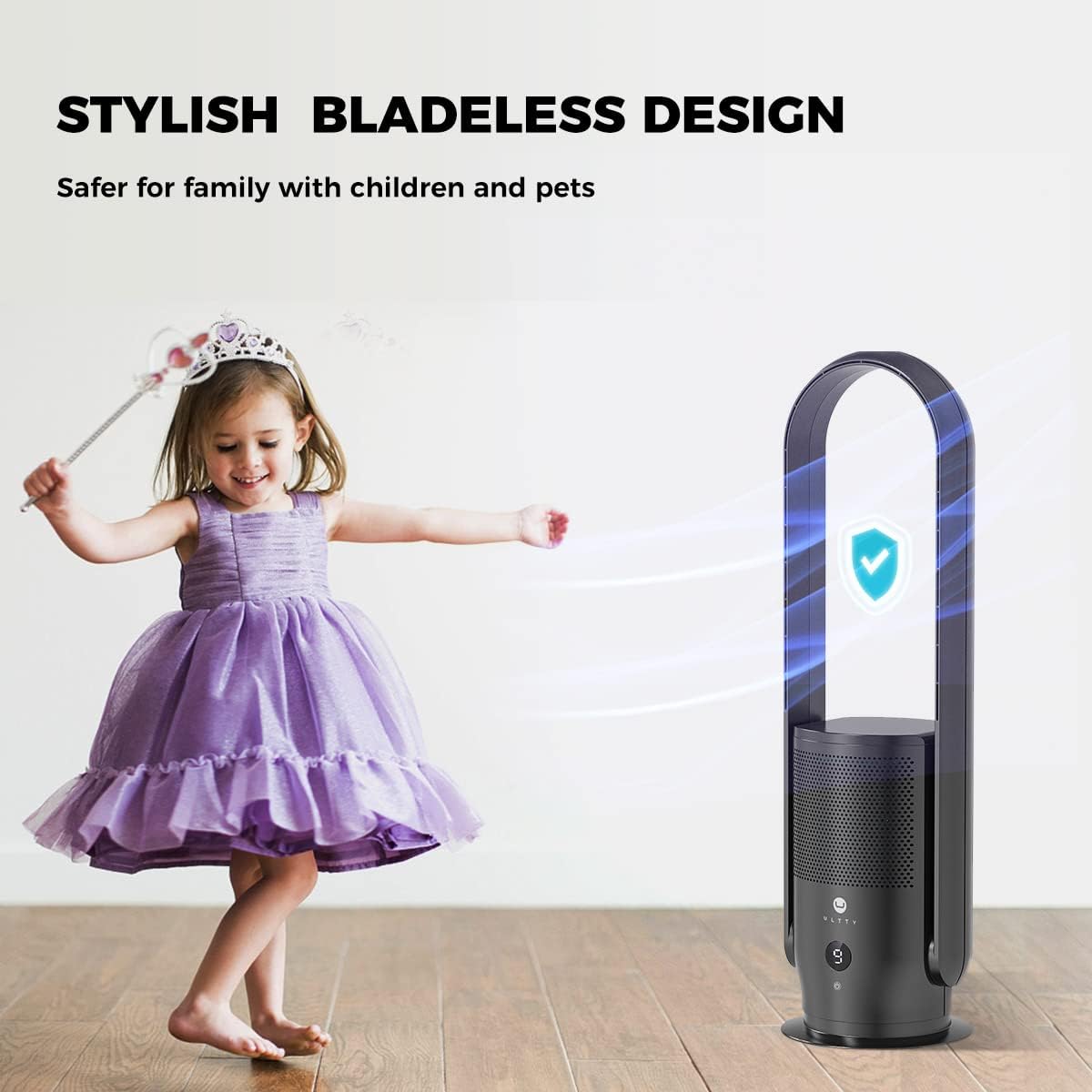 U ULTTY Bladeless Tower Fan and Air Purifier in one, True HEPA Filter 99.97% Smoke Dust Pollen Dander, Oscillating Tower Fan with Remote Control CR022D, Black