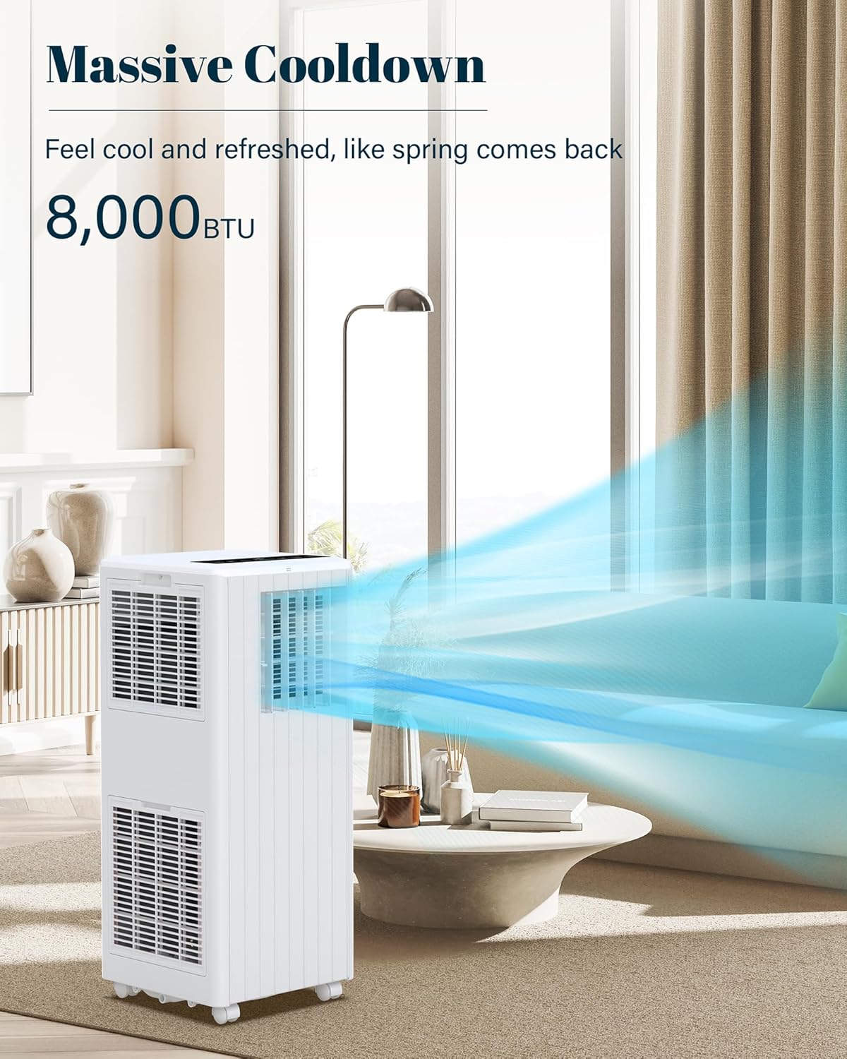 8,000 BTU Portable Air Conditioner for Indoor Rooms, 3 in-1 AC Unit for Bedroom 250-350 Sq.Ft, Dehumidifier, Fan, Sleep Mode, 24 Timer, Remote Control, Window Kits