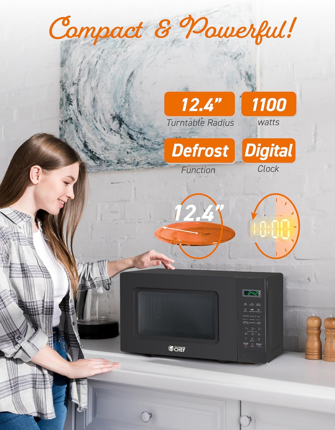 COMMERCIAL CHEF 1.4 Cubic Foot Microwave with 10 Power Levels, Small Microwave with Push Button, 1100 Watt Microwave with Digital Control Panels, Countertop Microwave with Timer, Stainless Steel