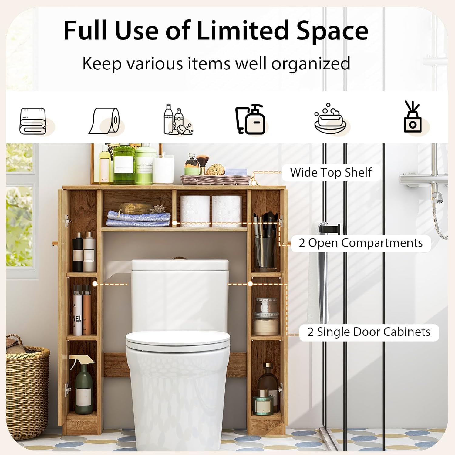 Giantex Over The Toilet Storage Cabinet, Double Door Freestanding Bathroom Organizer w/ 2 Open Compartments & 4 Adjustable Shelves, Bathroom Space Saver, Laundry Room Storage Rack (Natural)