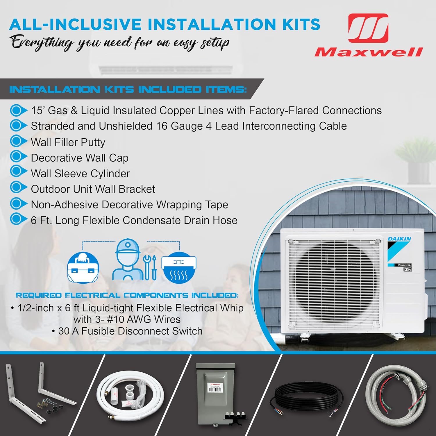 Daikin 18,000 Btu 18 SEER2 Ductless Mini-Split Wall Mount Heat Pump Air Conditioner - R32 w/ 15' Installation Kit, 1/2 Whip, 30A Disconnect, and Wall Bracket