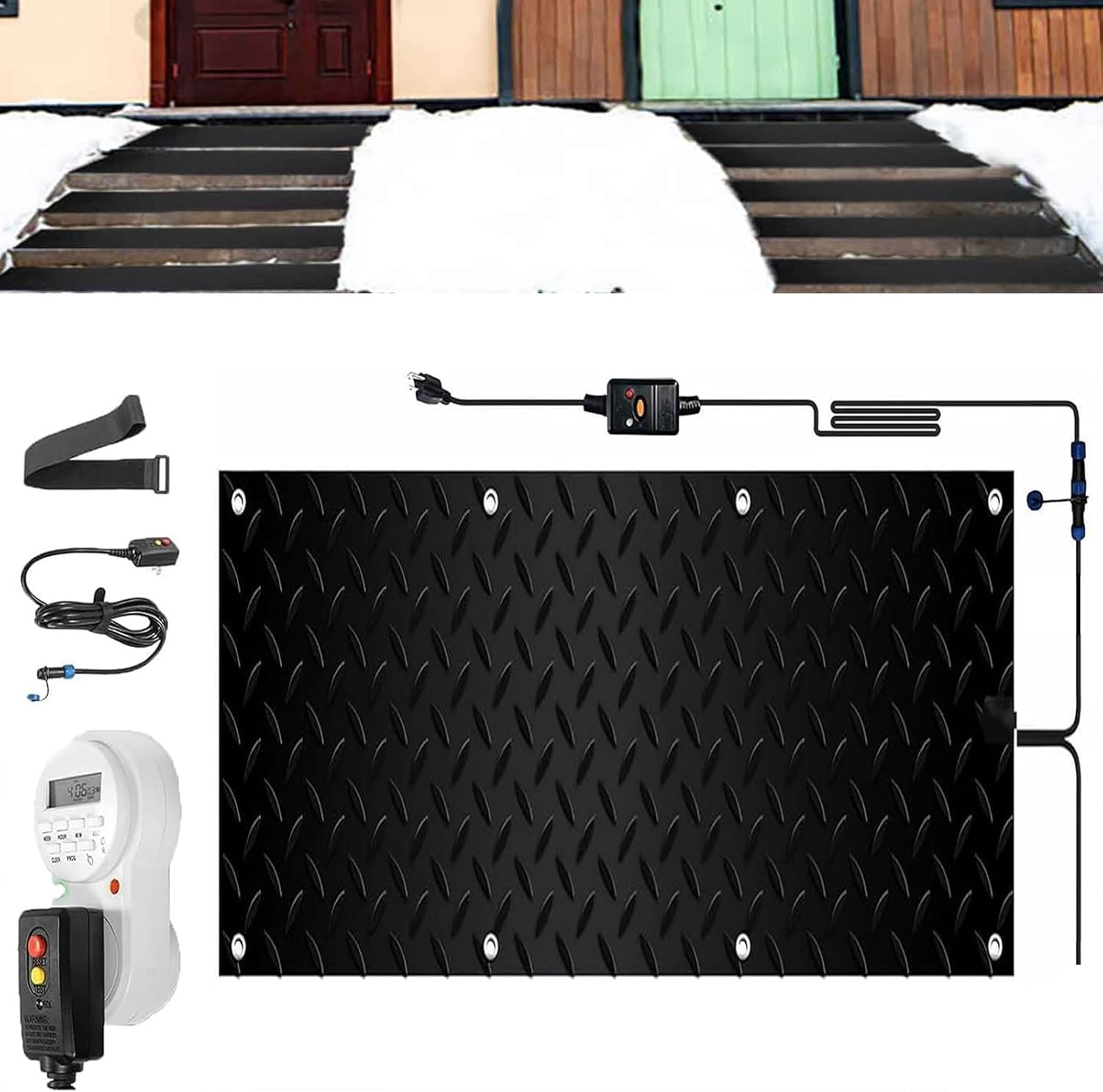 Heated Snow Melting Mats with Timer, 1/2/3/4/5 Pcs Outdoor Heated Driveway Mats Snow and Ice Melting Pad with Power Cord for Winter Stairs, Steps,doorway, Sidewalk, Garages, Decks(1 Pcs,12x36i