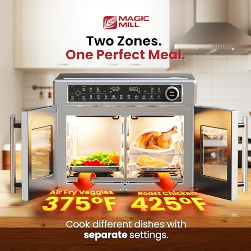 Magic Mill Ultra-Premium Dual-Zone Stainless Steel Air Fryer Toaster Oven Combo, Extra Large 32QT French Door Convection Oven with Next-Gen Patent Technology, 13 Accessories, Rotisserie, Sync Finish