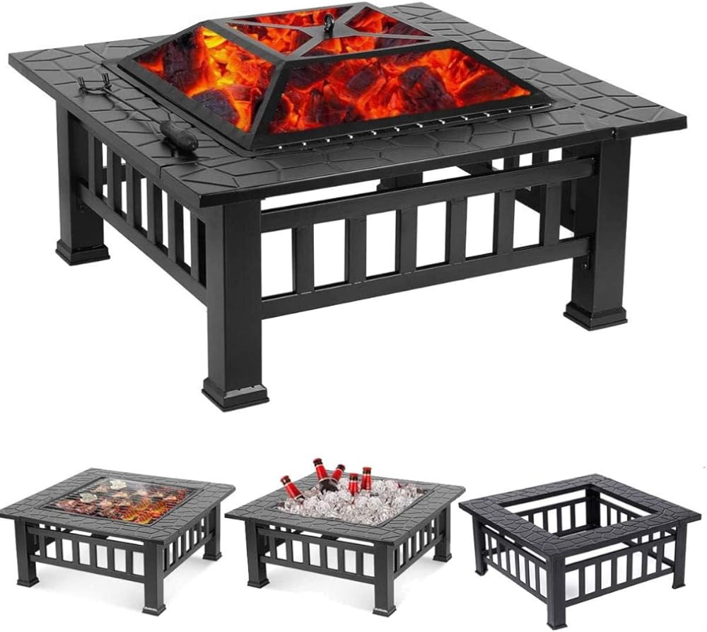 32 inch Outdoor Square Metal Firepit for Home BBQ, Wood Burning Fire Pit with Poker for Backyard Patio Garden Stove Camping Picnic Bonfire with Spark Screen Cover, 32