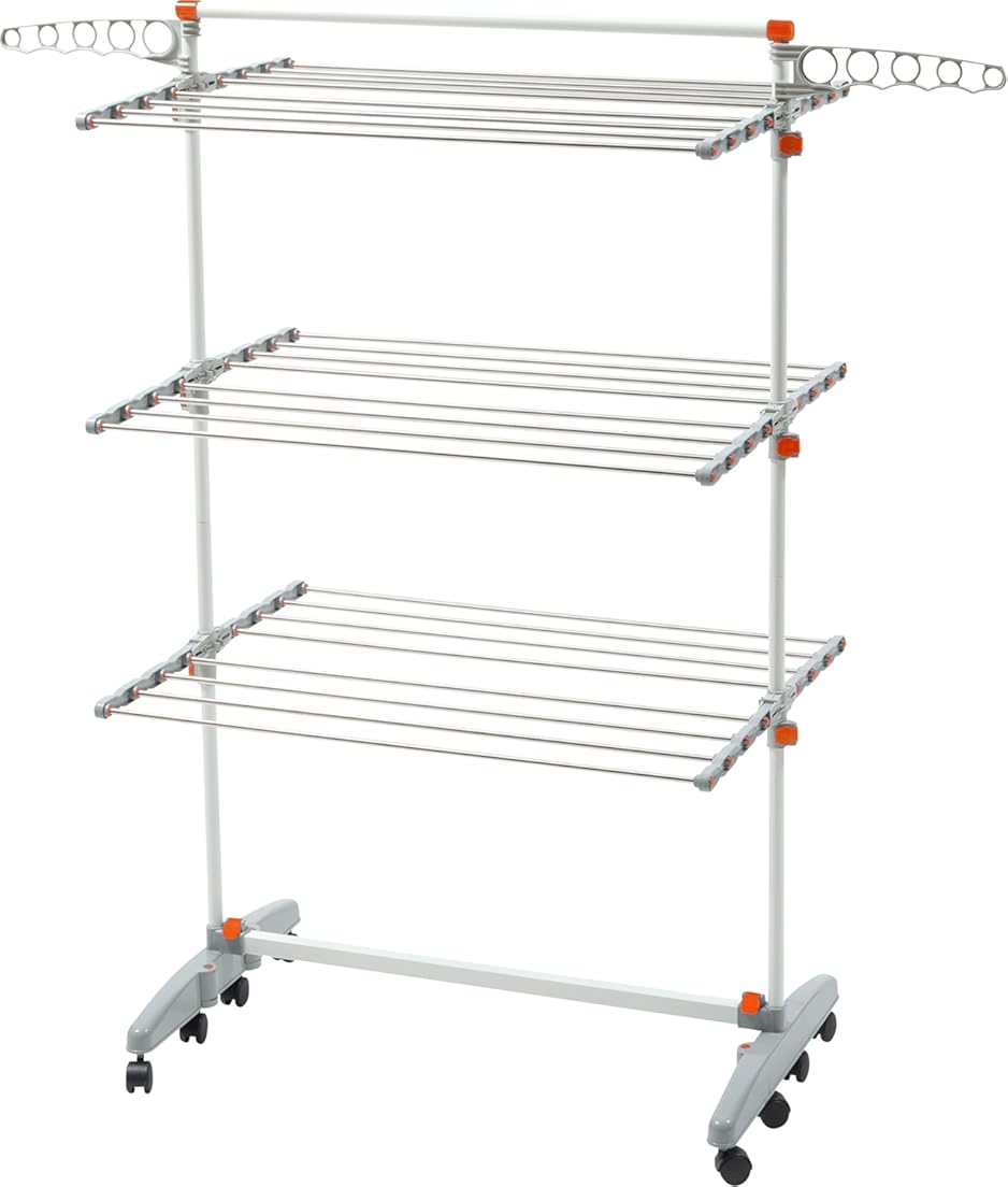idee BDP-V23 Foldable Rolling 3-Tier Clothes Laundry Drying Rack with Stainless Steel Hanging Rods, Collapsible Shelves and Base for Easy Storage, Made-in-Korea, Premium Size, Orange