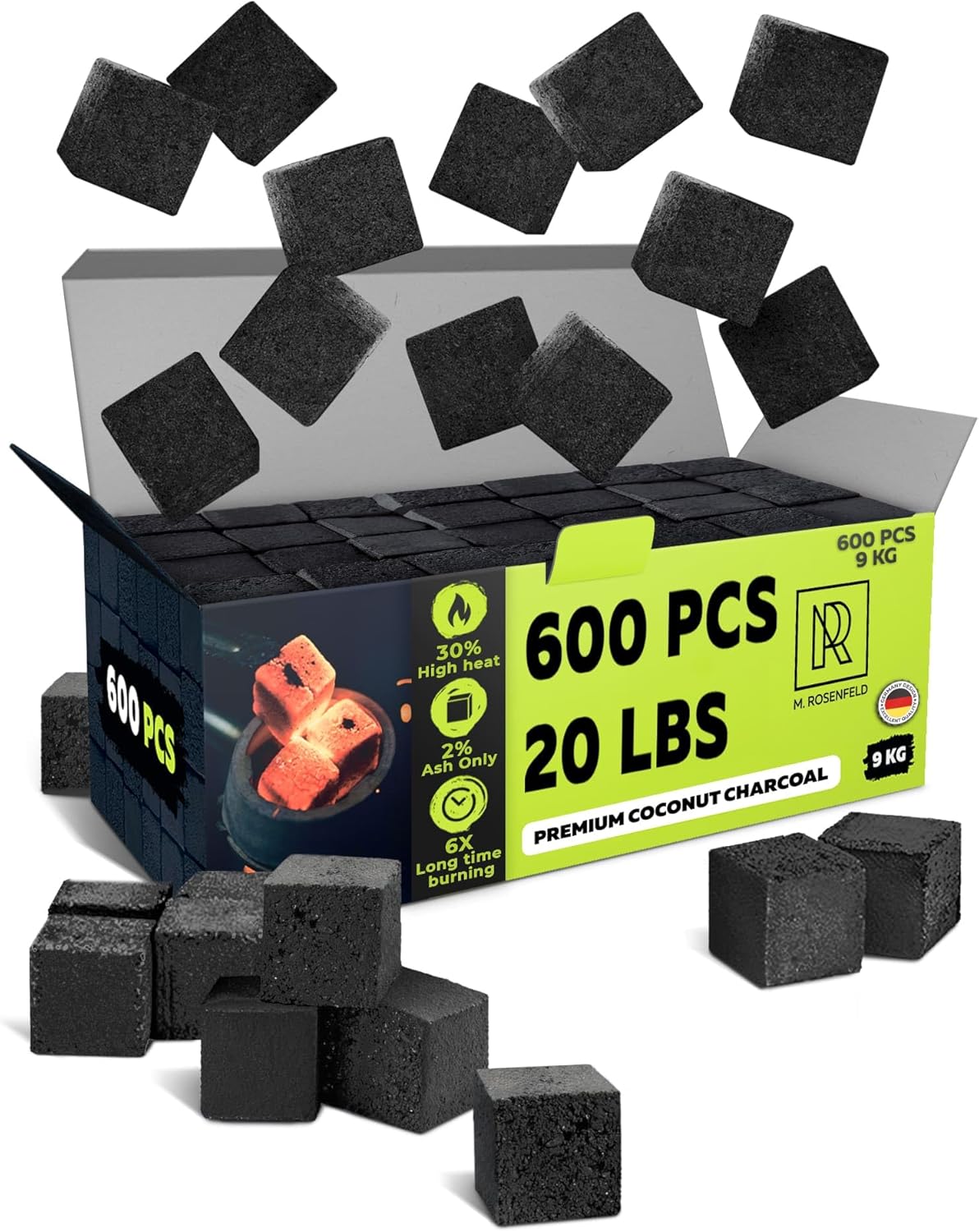 600 pcs Hookah Charcoal Hookah Coals for Hookah Coconut 25mm Cubes – XXXL Pack 600 pcs & 9 KG (19.8 lbs) – Premium Quality 25mm (1x1x1 in) – 100% Natural Coconut Charcoal Hooka Cubes – NOT Quick Ligh
