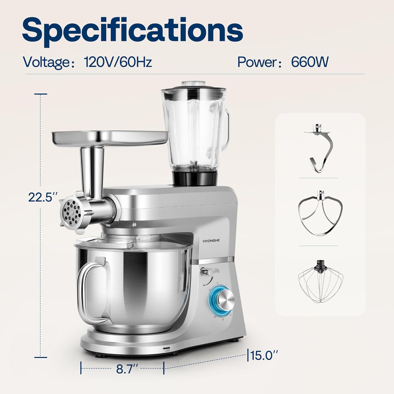 VIVOHOME 6-in-1 Stand Mixer, 8.5 Quart Electric Tilt-Head Kitchen Mixer with Bowl, Multifunctional Food Mixer for Cake, Bread, and Dough, with Meat Grinder, Blender, Pasta Maker Attachments, Silver