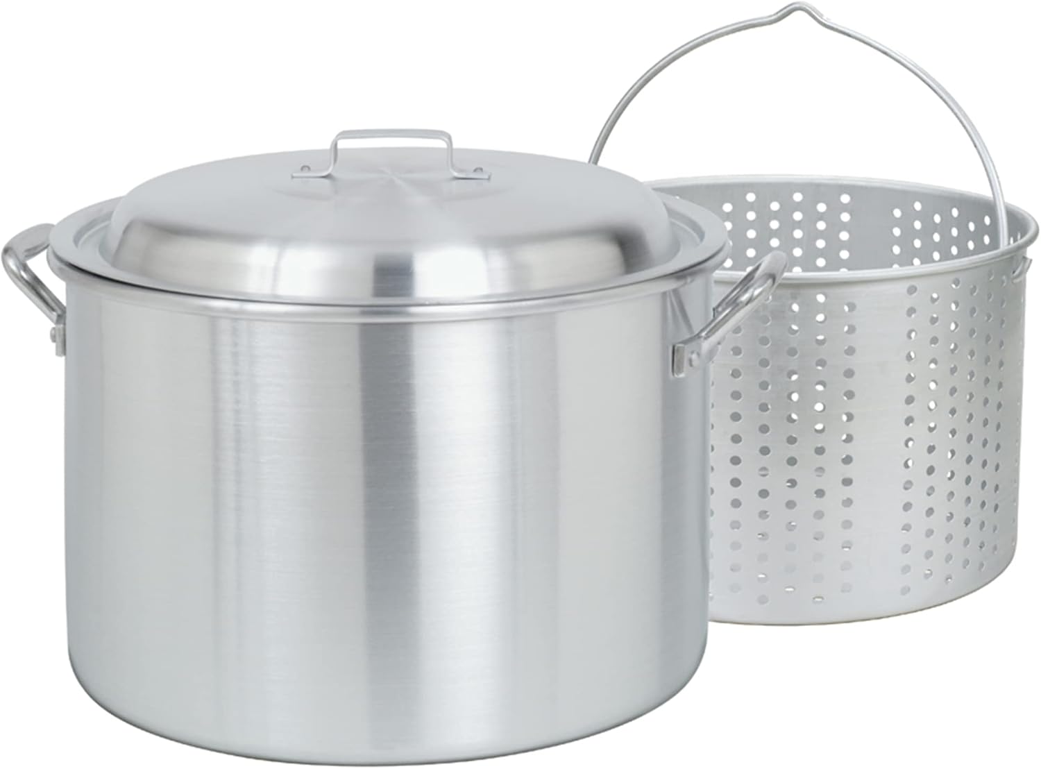 Bayou Classic 4020 20-qt Aluminum Stockpot w/ Basket Features Domed Vented Lid Heavy Riveted Handles Perforated Aluminum Basket Perfect For Boiling and Canning Handcrafted Design
