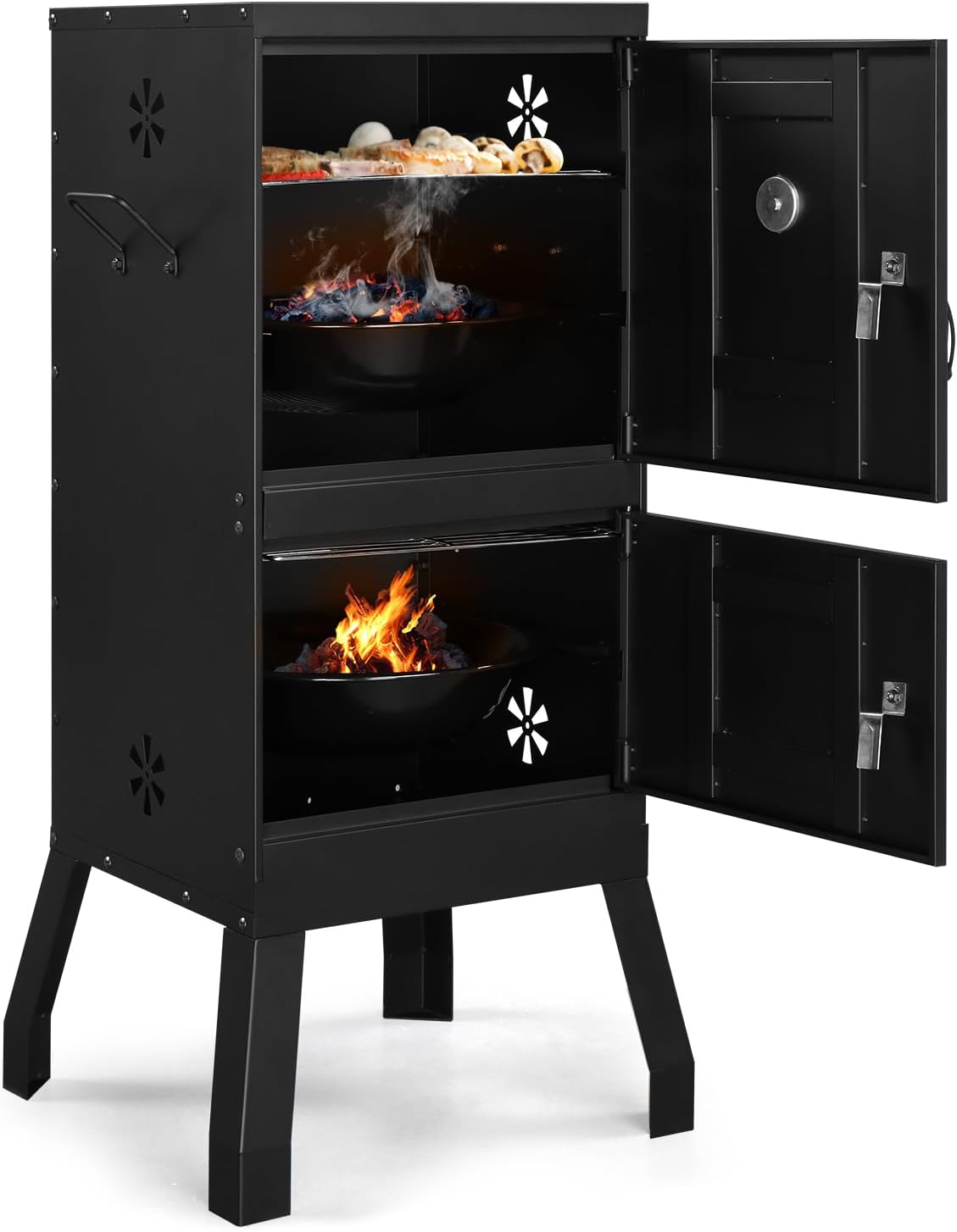 Vertical Charcoal Smoker with Double Doors & 2 Detachable Grill Racks – Outdoor BBQ Smoker Oven with Adjustable Air Vents, Thermometer & Water Pan – Heavy-Duty Camping/Backyard Grill (40.5x39x