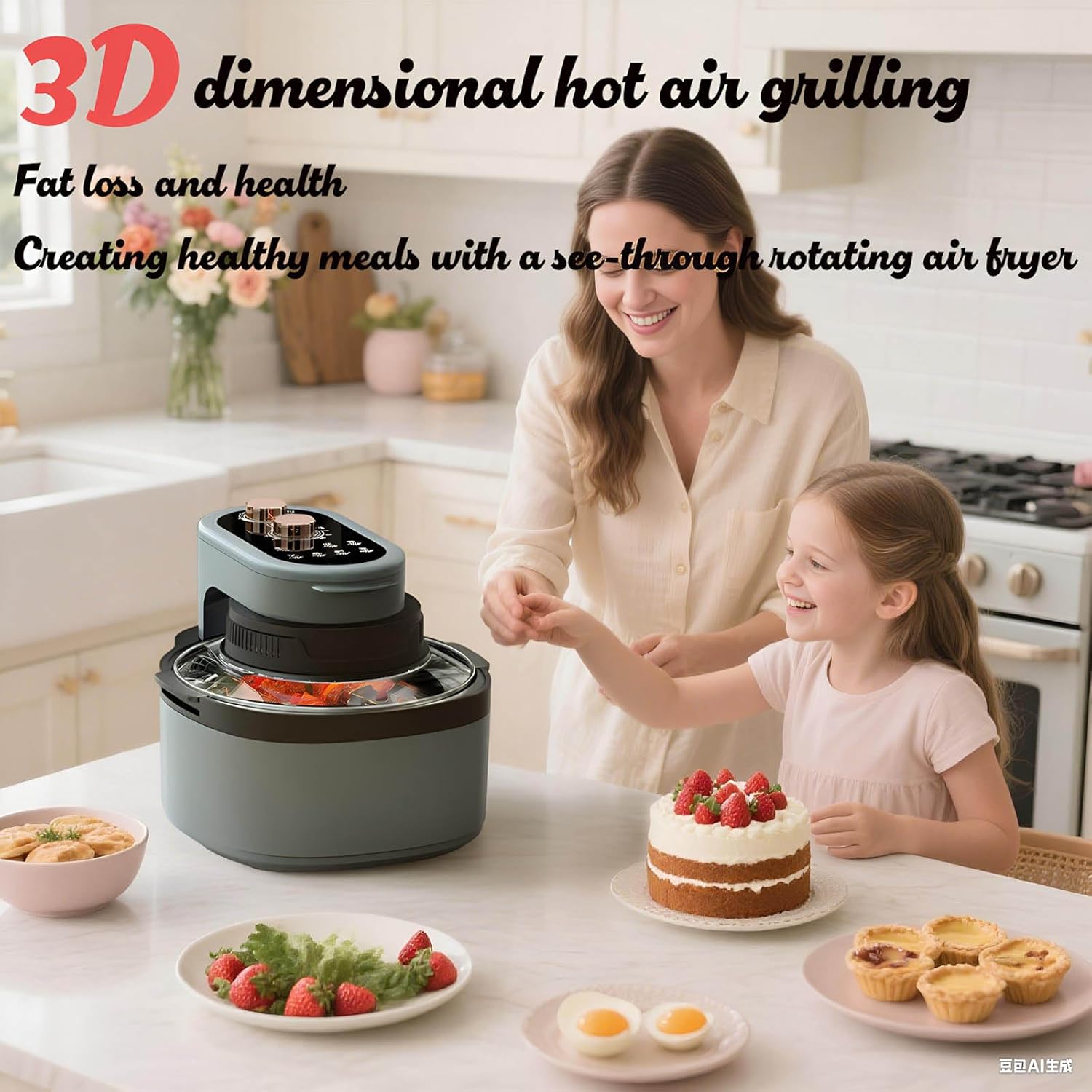 Rotatable 8-in-1 Air Fryer Toaster Oven Combo 7.5QT Large Glass Air Fryer, Rapid HotAir Tech, Family-Size Smart Cooker, Trending Modern Kitchen Essential for Healthy Meals (Dreamy blue)