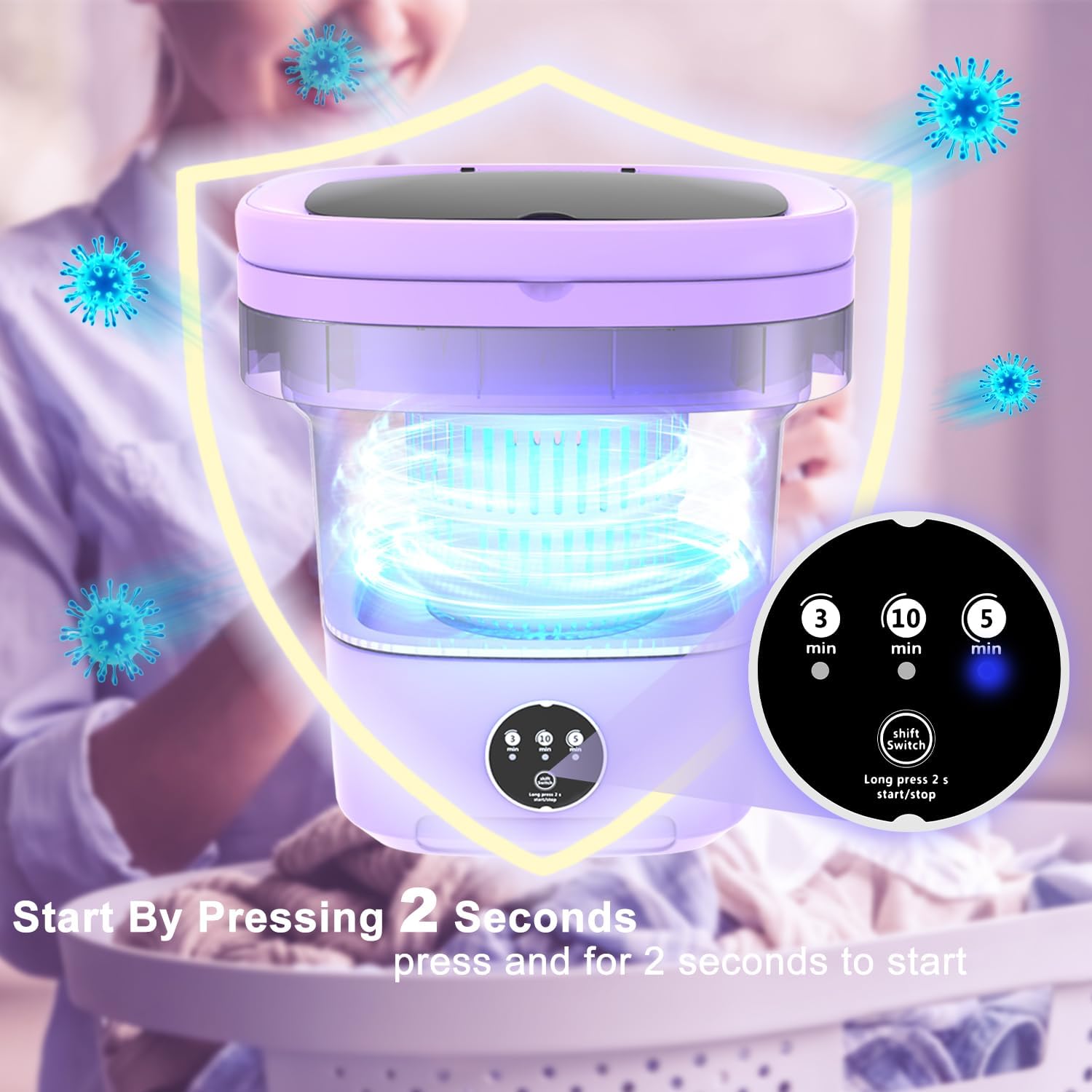 Underwear Washing Machine,13L 2kg 2 in 1 Mini Washing Machine, Portable Washe, Foldable Small Smart Laundry Machine with 3 Cleaning Modes for Baby Clothes, Socks, Underwear, Camping, RV, Travel, Green