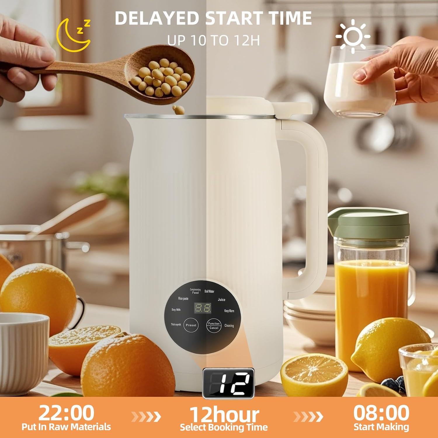 8 in 1 Nut Milk Maker, 40.58oz Soy Milk Maker Machine, with 10 Blades, Nut Milk Maker Machine for Homemade Plant-Based Milk, Oat, Soy, with Delay Start/Keep Warm/Boil Water