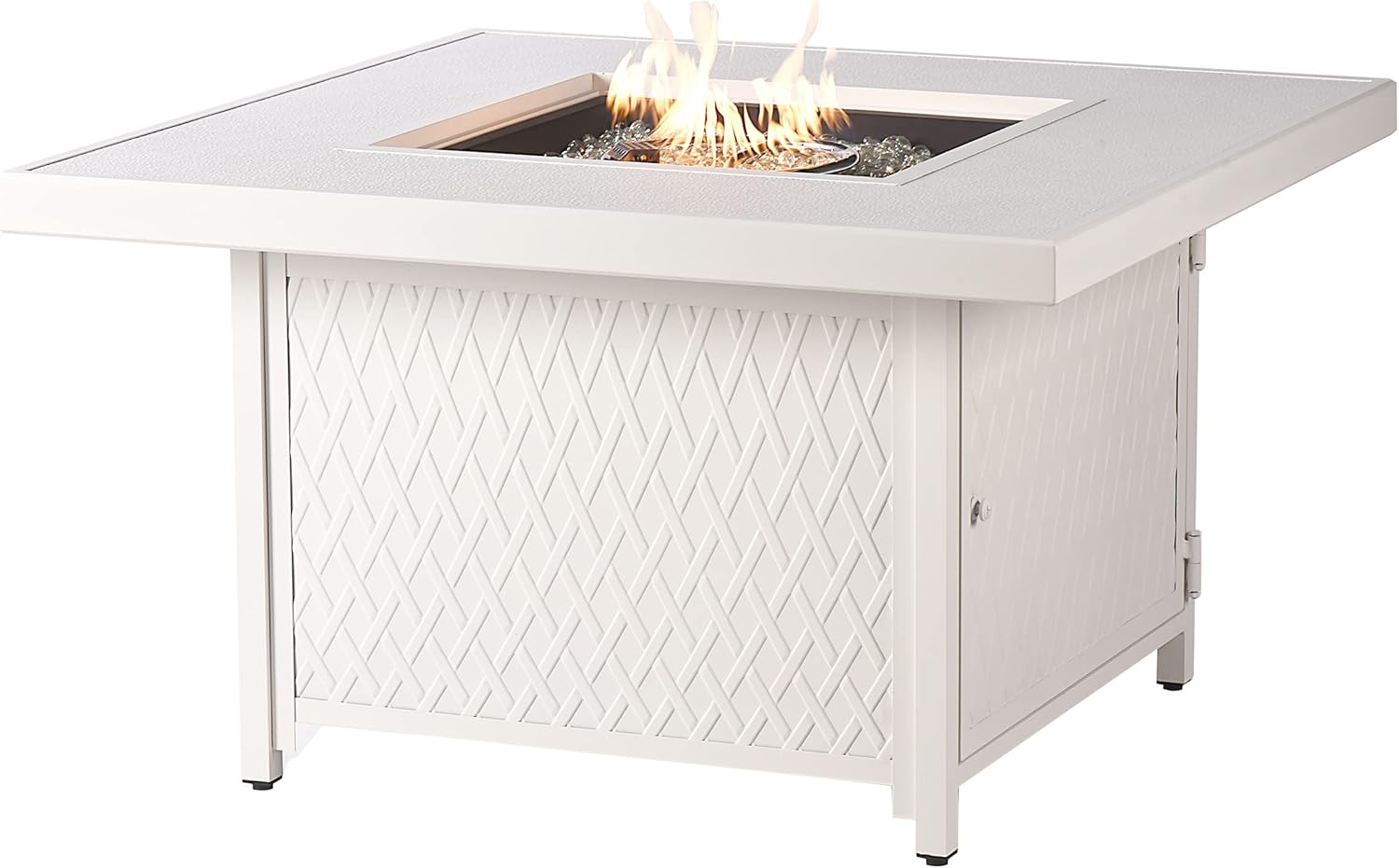 Square 42 in. x 42 in. Aluminum Propane Fire Pit Table with Glass Beads, Two Covers, Lid, 57,000 BTUs in White Finish