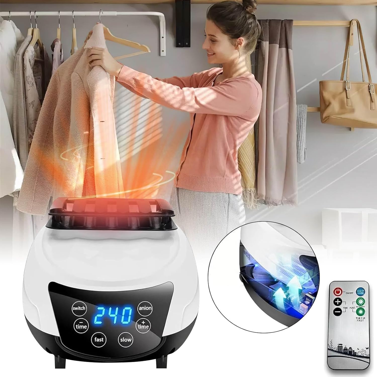 Portable Electric Clothes Dryer, 4-Level Timer with Remote Control, LED Display & Silent Operation for Indoor Home Laundry